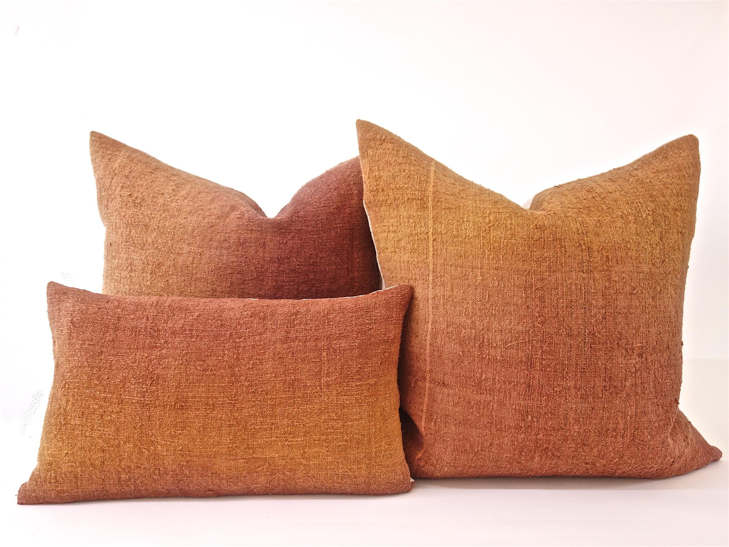 Hand Painted Vintage Linen and Hemp Square Pillow in Orange Tones, in Stock 8