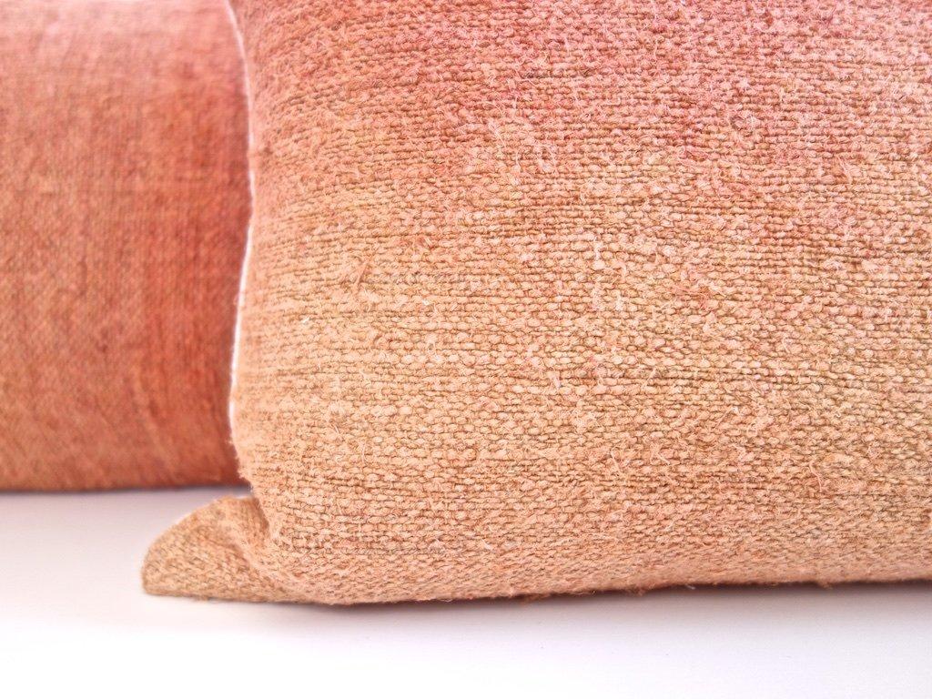 Organic Modern Hand Painted Vintage Linen and Hemp Square Pillow in Orange Tones, in Stock