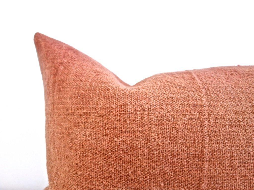 Contemporary Hand Painted Vintage Linen and Hemp Square Pillow in Orange Tones, in Stock