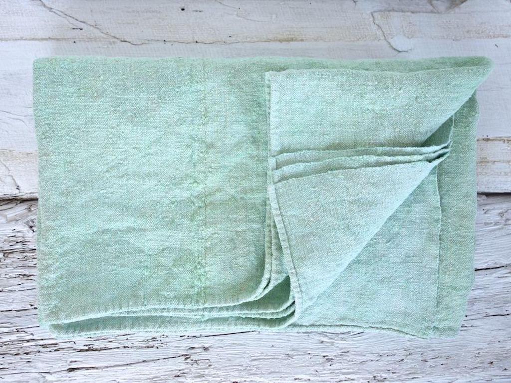 Organic Modern Hand Painted Vintage Linen Throw in Aqua Tones For Sale