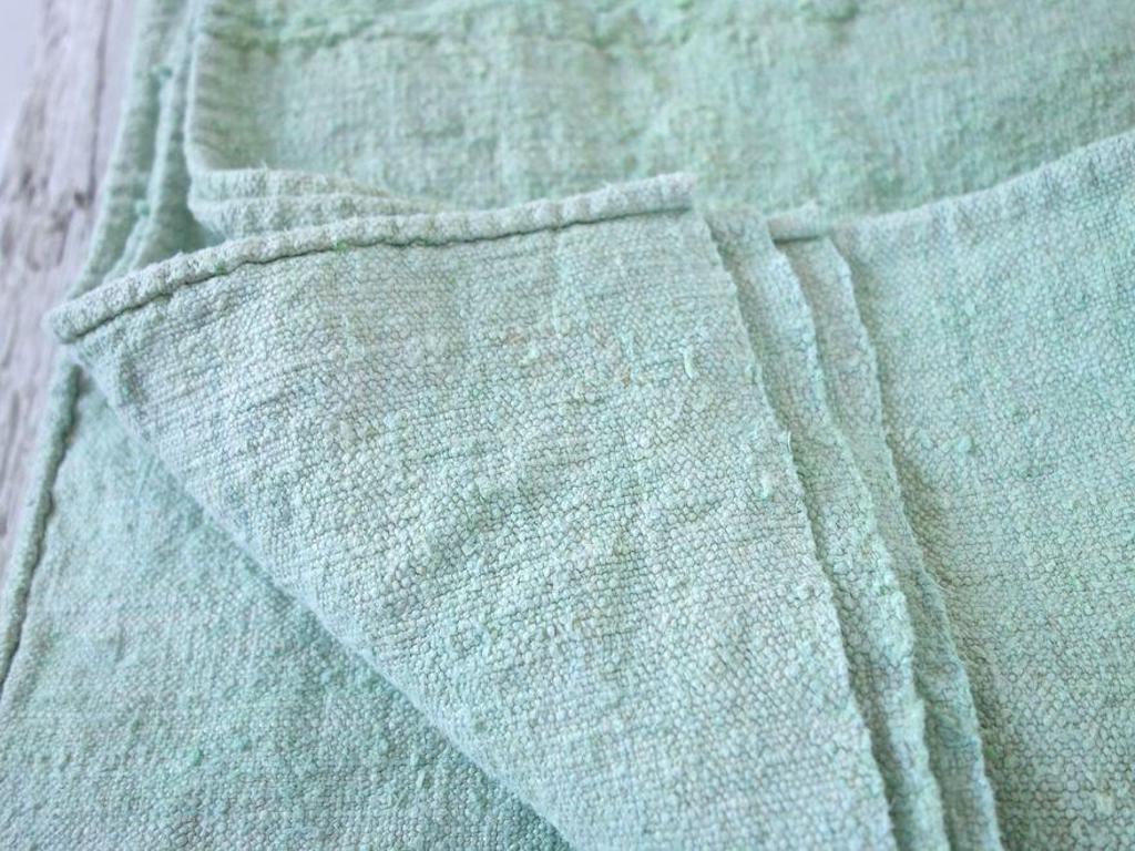Hand-Painted Hand Painted Vintage Linen Throw in Aqua Tones For Sale