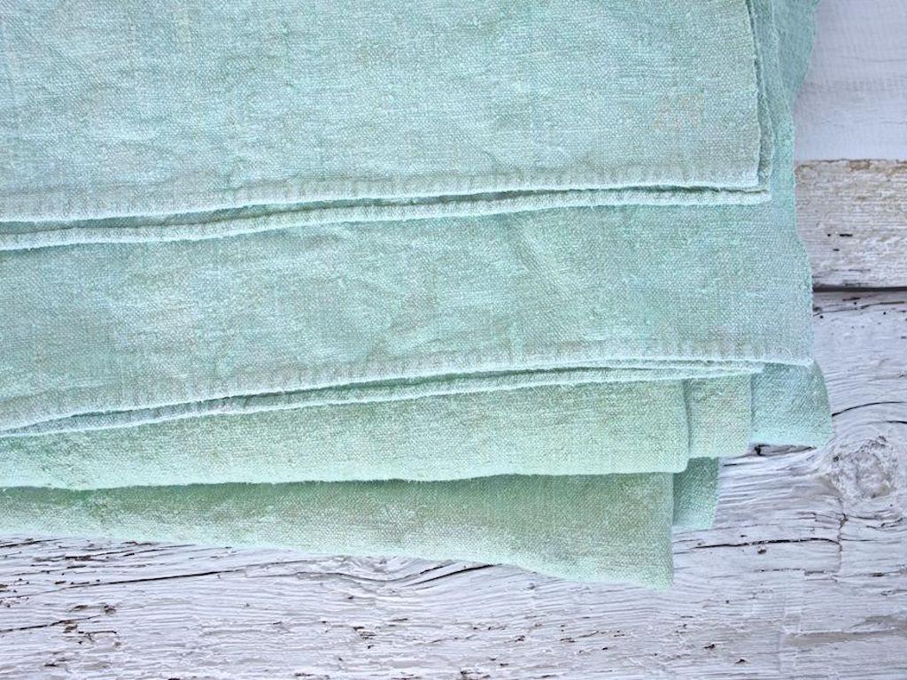 Hand Painted Vintage Linen Throw in Aqua Tones In New Condition For Sale In West Hollywood, CA