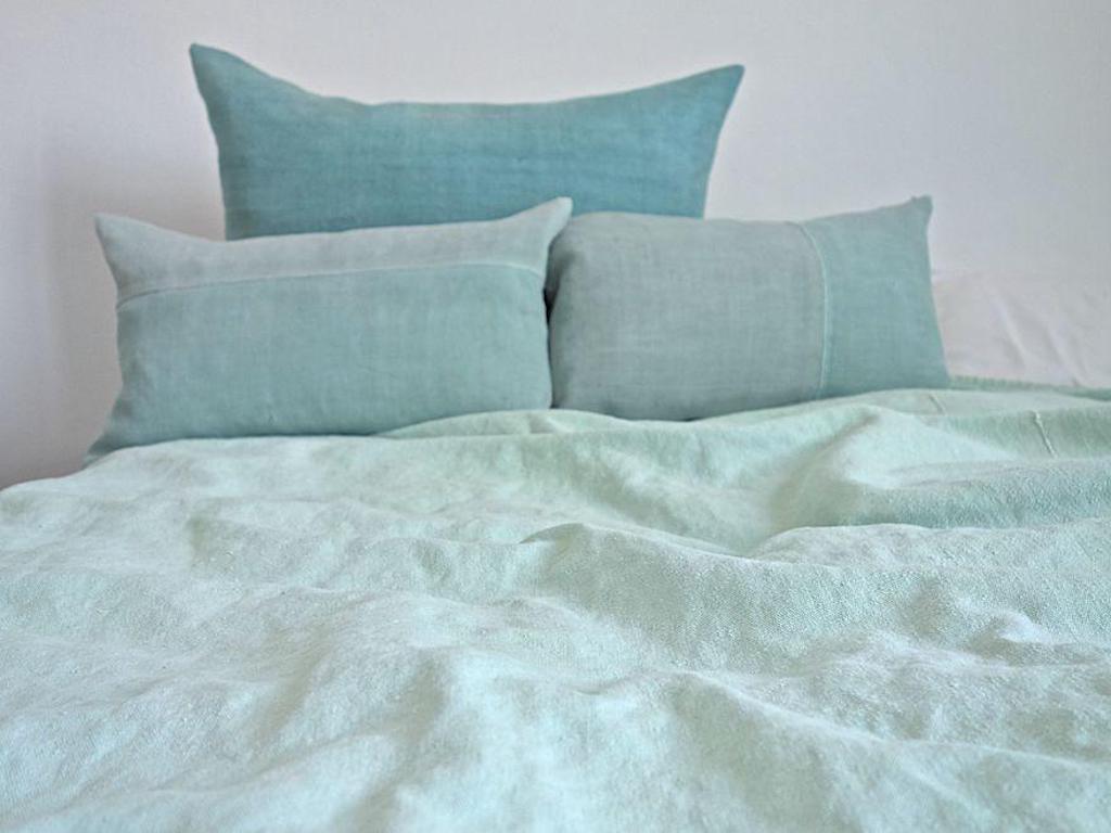 Contemporary Hand Painted Vintage Linen Throw in Aqua Tones For Sale