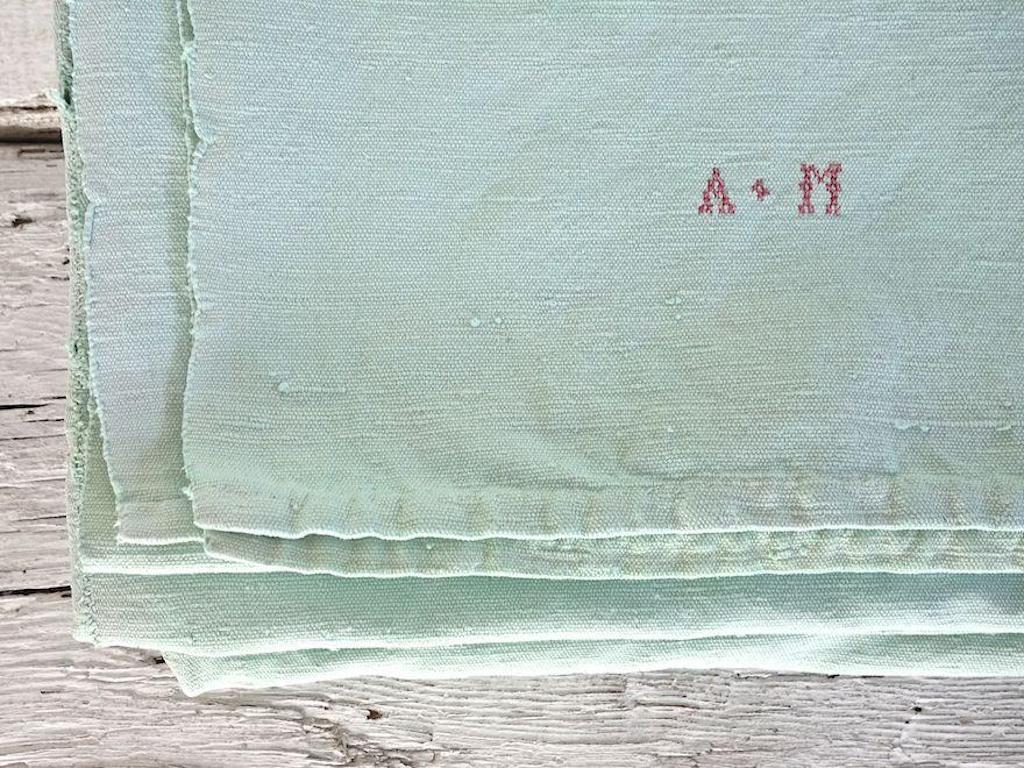 Hand Painted Vintage Linen Throw in Aqua Tones For Sale 1