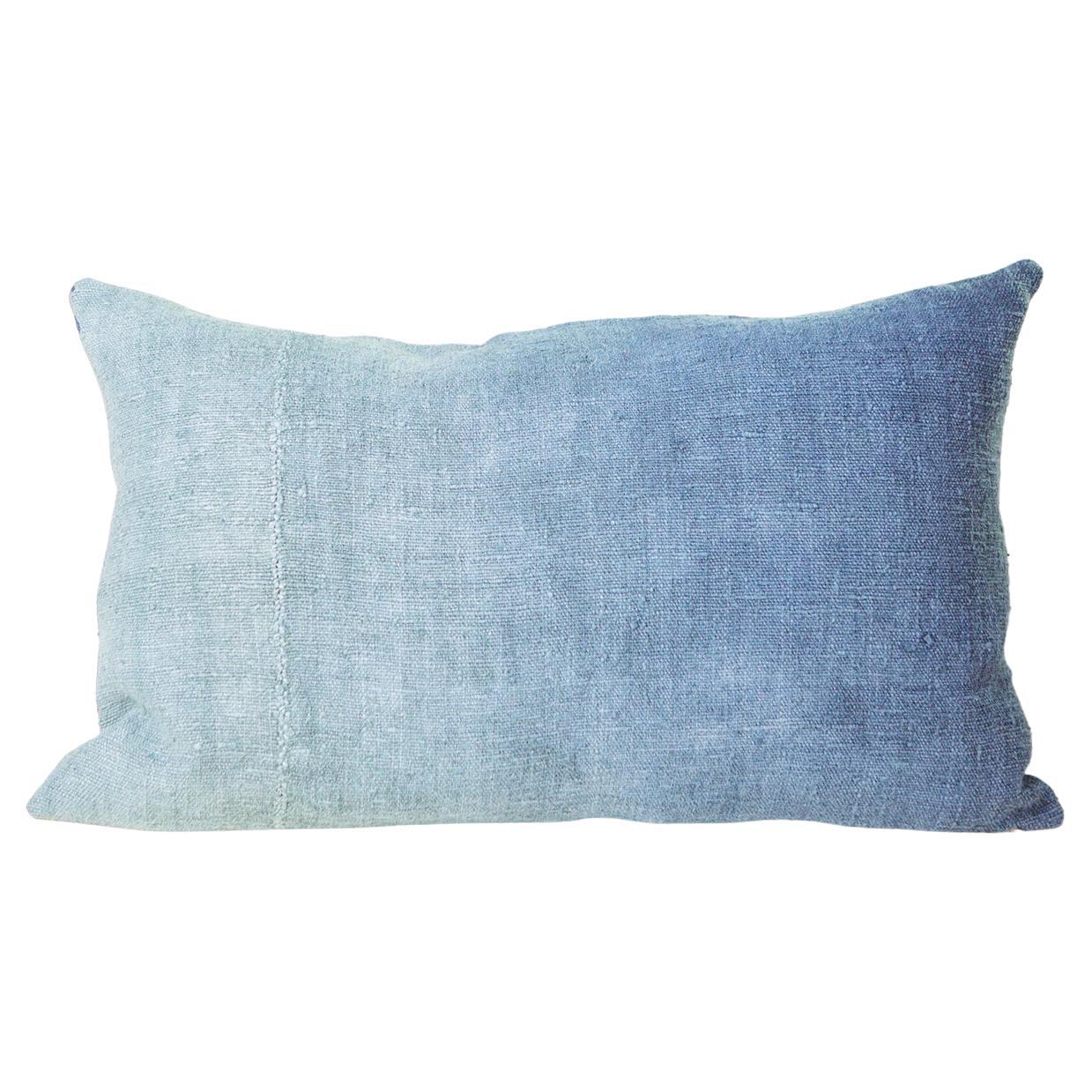 Hand Painted Vintage Loomed Linen Large Lumbar Pillow in Blue Tones, in