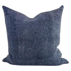 Hand Painted Vintage Loomed Linen Square Pillow in Blue Tones, in Stock