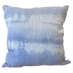 Hand Painted Vintage Loomed Linen Square Pillow in Light Blue Tones, in Stock