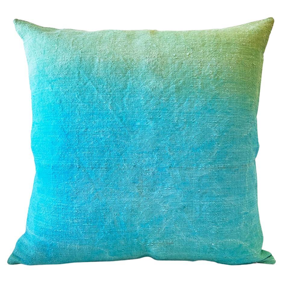 Hand Painted Vintage Loomed Linen Throw Pillow in Green and Blue Ombre