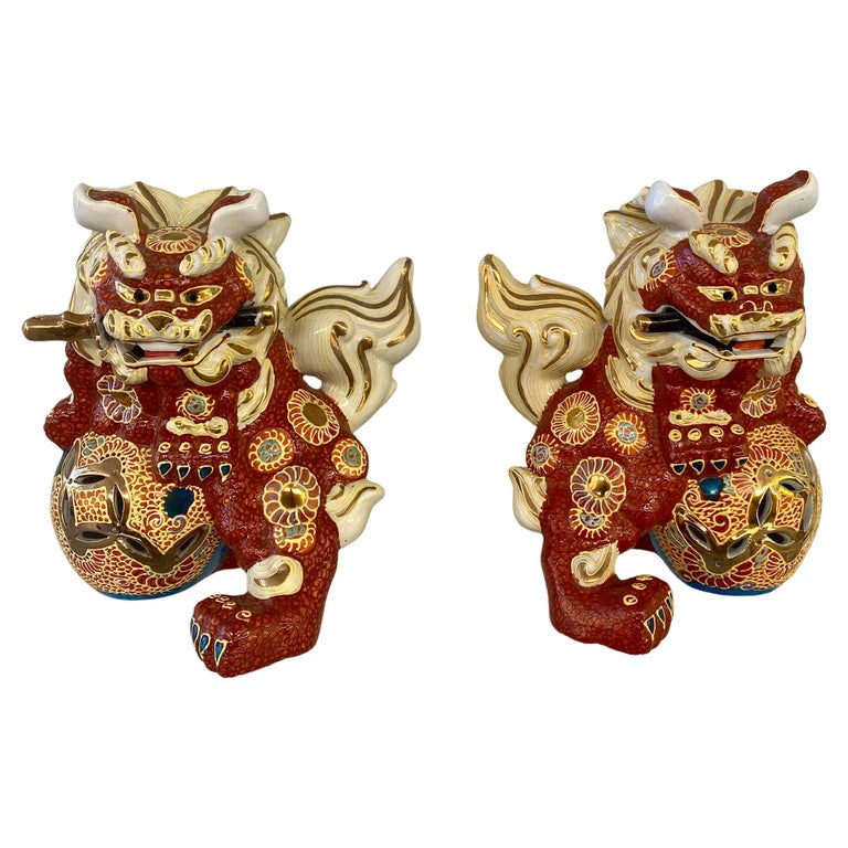 Hand Painted Vintage Porcelain Foo Dogs For Sale at 1stDibs