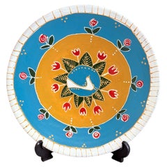 Hand-Painted Wall Decorative Ceramic Plate with Dove & Floral Folk Art Design