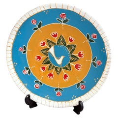 Hand-Painted Wall Decorative Ceramic Plate with Dove & Floral Folk Art Design
