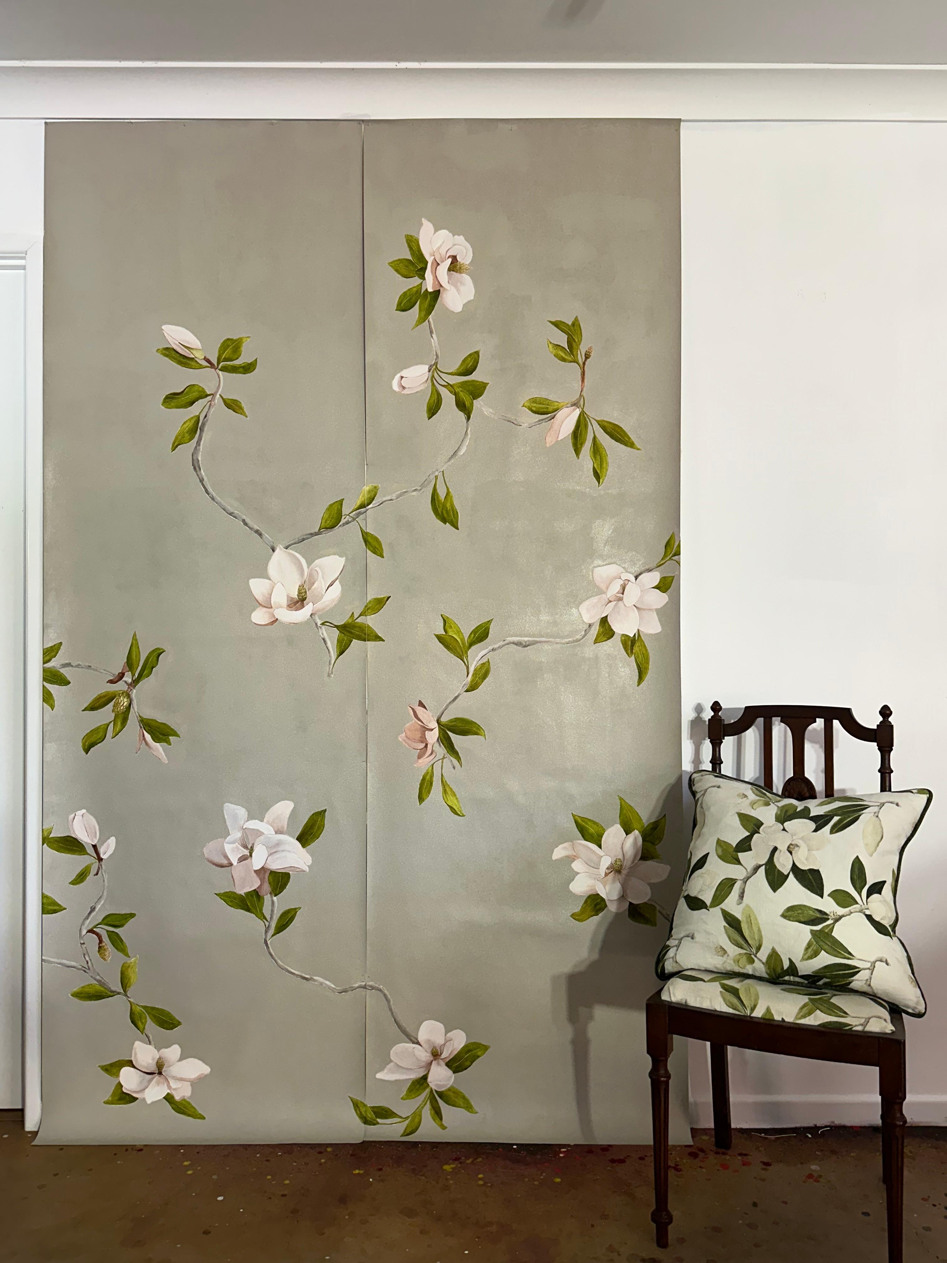 Beige Magnolia hand painted wallpaper panels in traditional botanical style rather than a stylised chinoiserie. Black Magnolia hand painted wallpaper panels show two drops of 8 from the full botanical design.
Each wallpaper panel is a work of fine