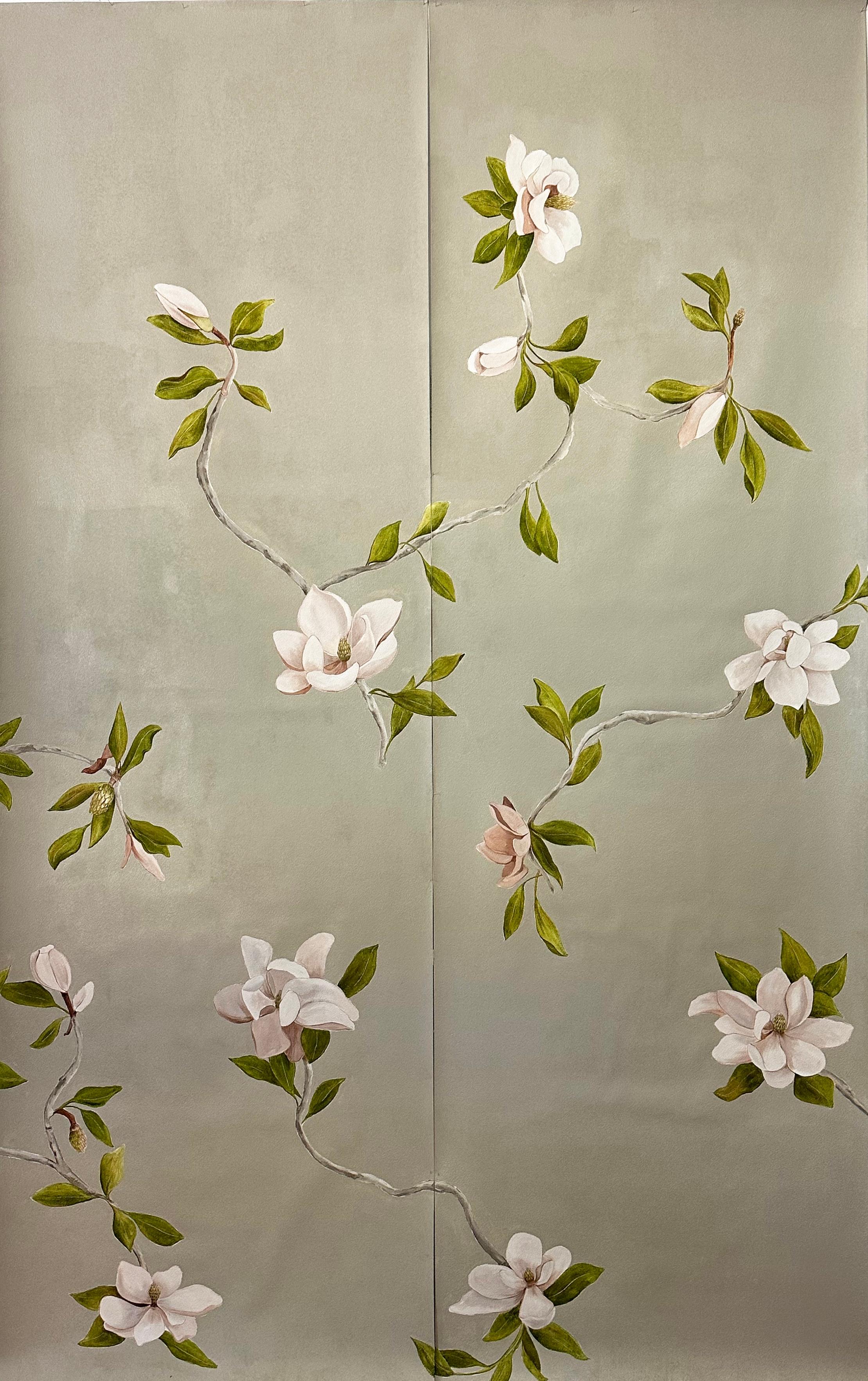 Chinoiserie Hand Painted Wallpaper Beige Magnolia Botanical from Ocre Designs by Tarn McLean For Sale