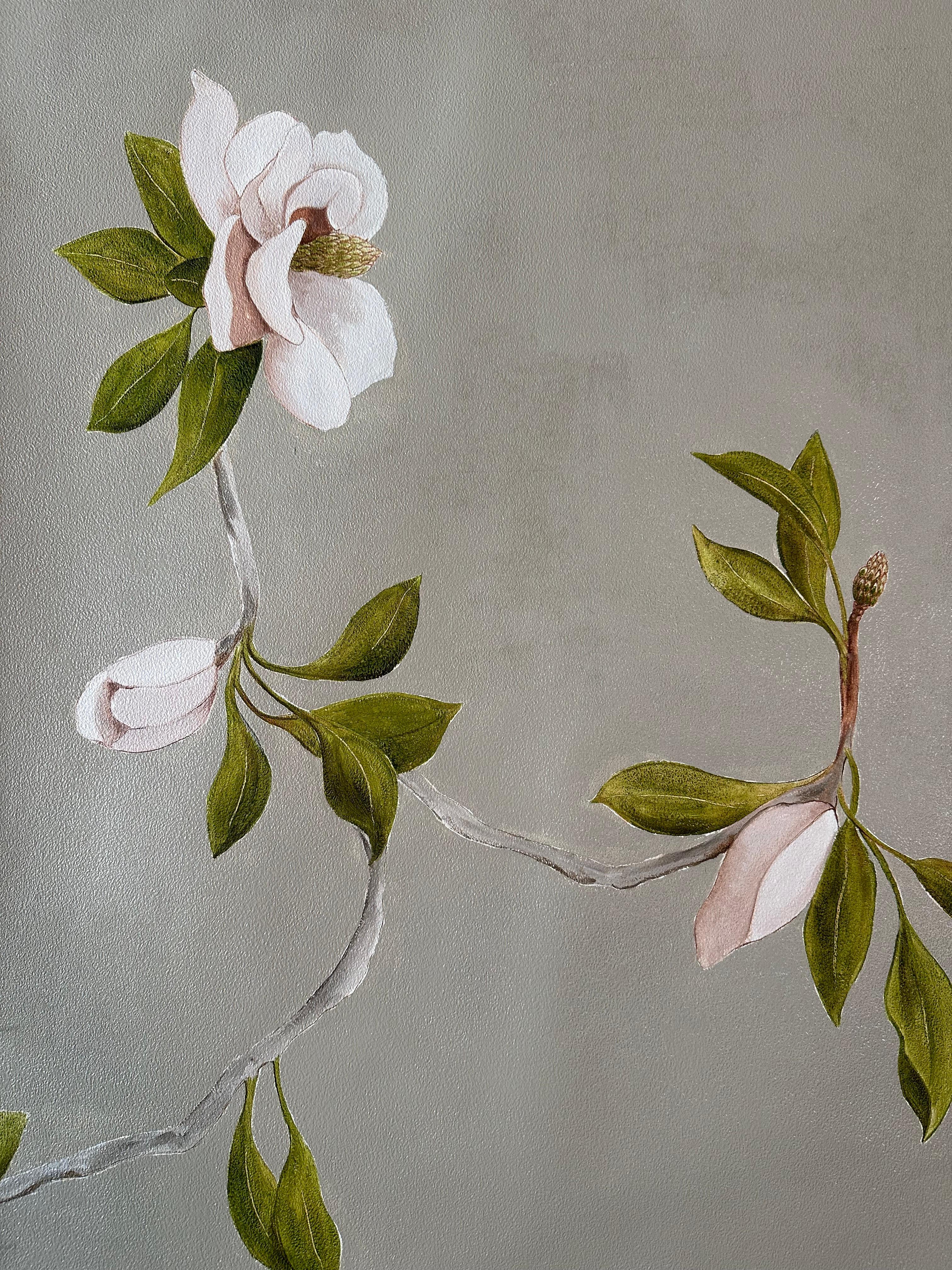 Hand-Painted Hand Painted Wallpaper Beige Magnolia Botanical from Ocre Designs by Tarn McLean For Sale