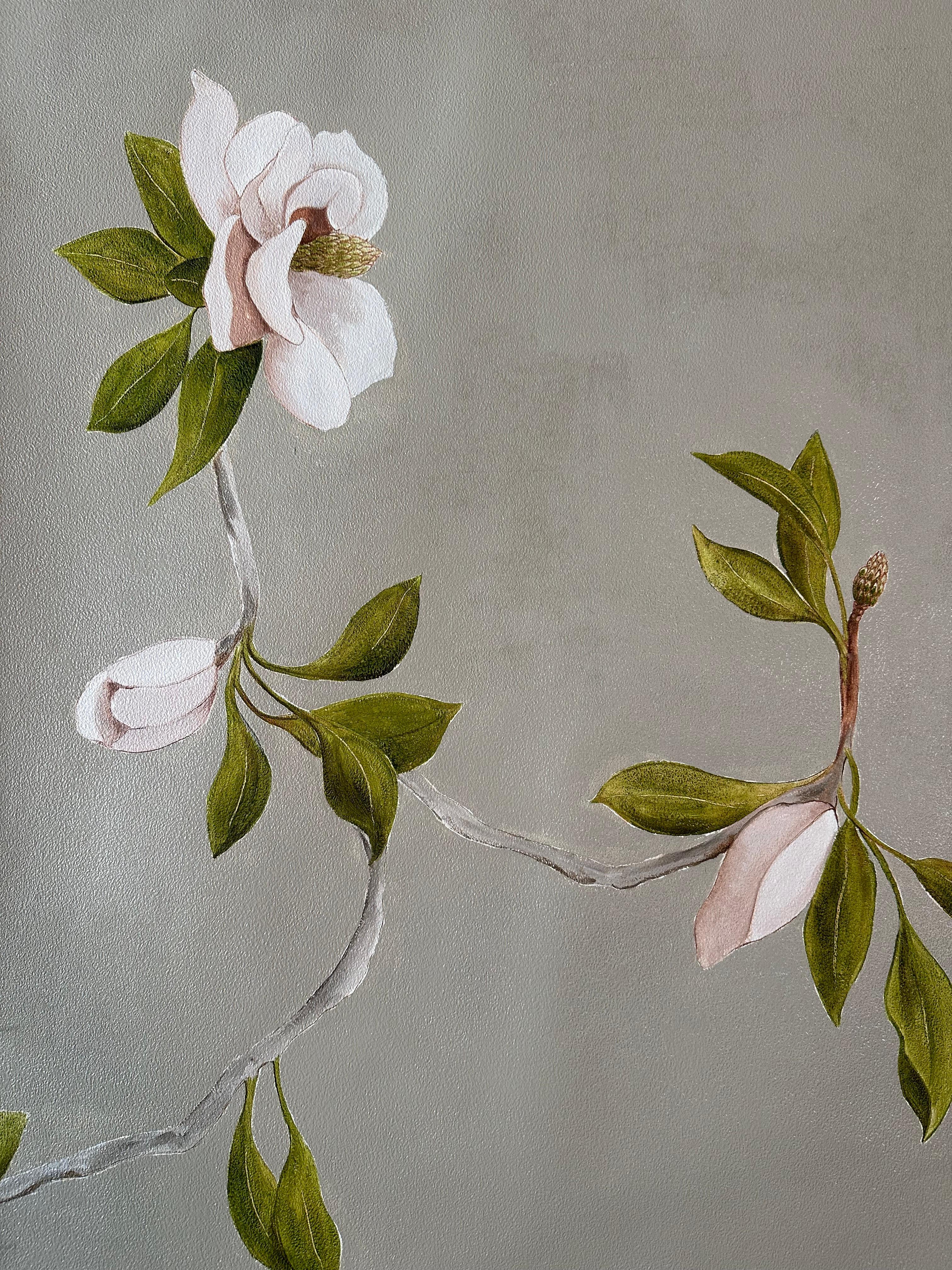 Australiano Carta da parati dipinta a mano Beige Magnolia Botanical di Ocre Designs by Tarn McLean in vendita