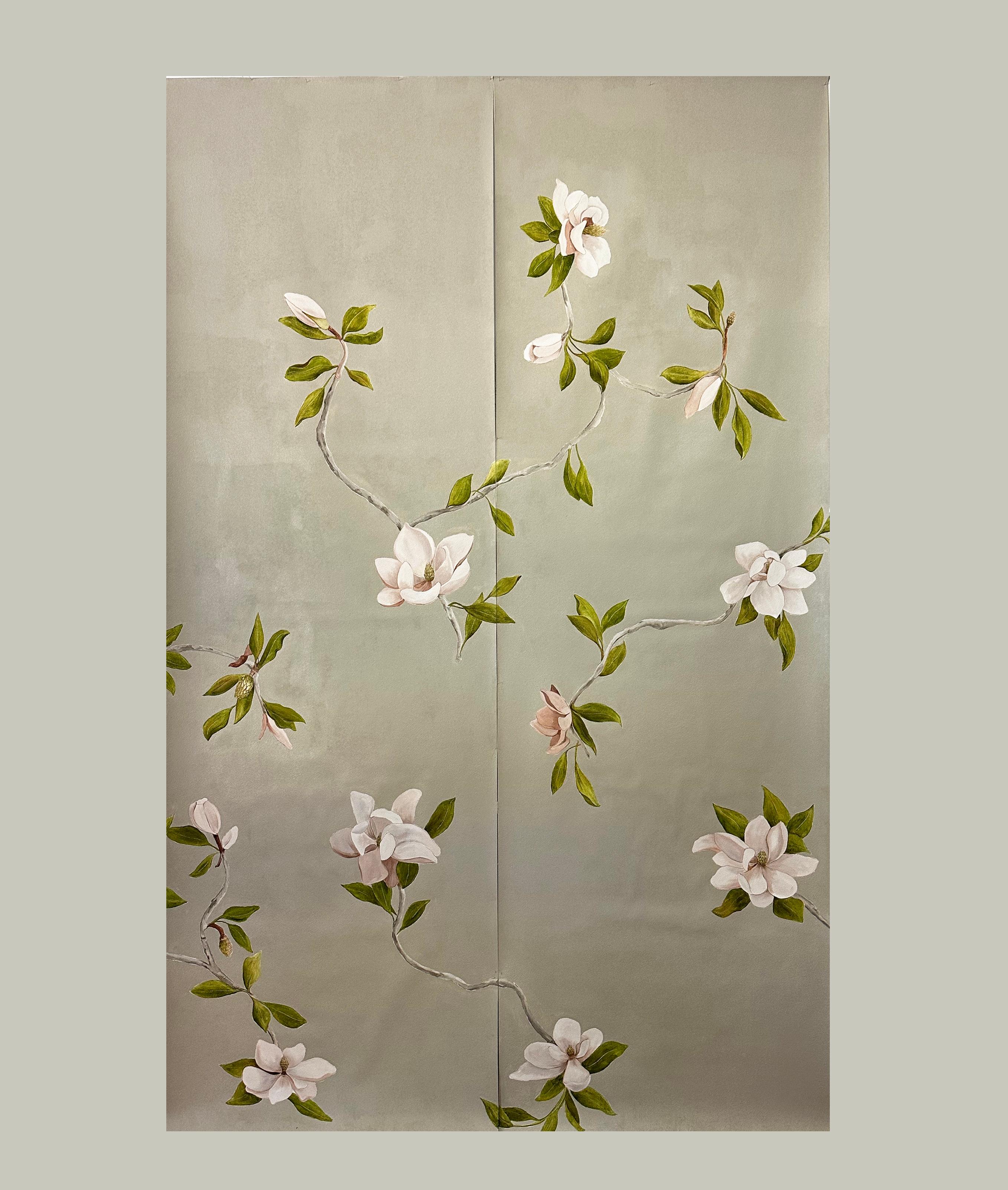 Contemporary Hand Painted Wallpaper Beige Magnolia Botanical from Ocre Designs by Tarn McLean For Sale