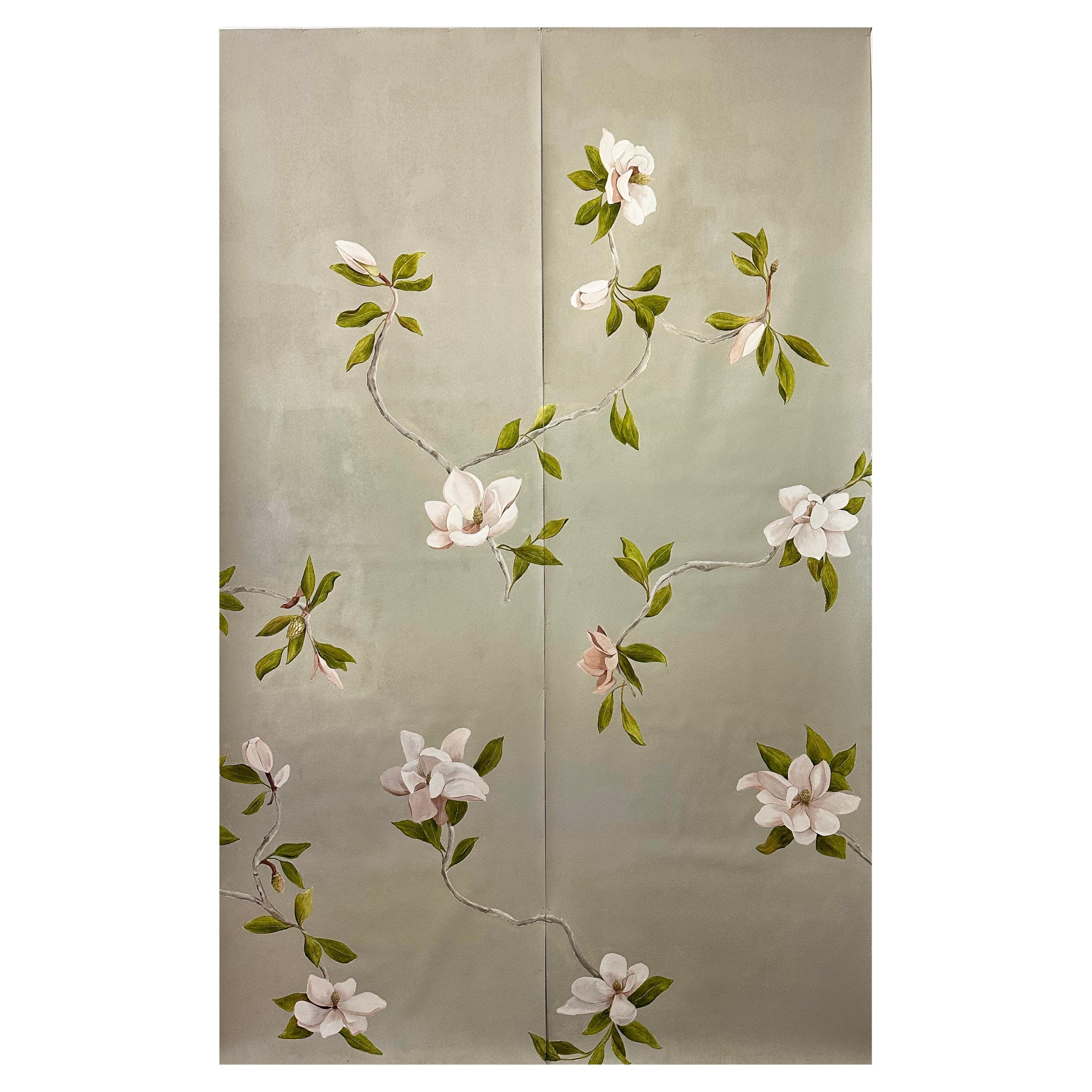 Hand Painted Wallpaper Beige Magnolia Botanical from Ocre Designs by Tarn McLean For Sale