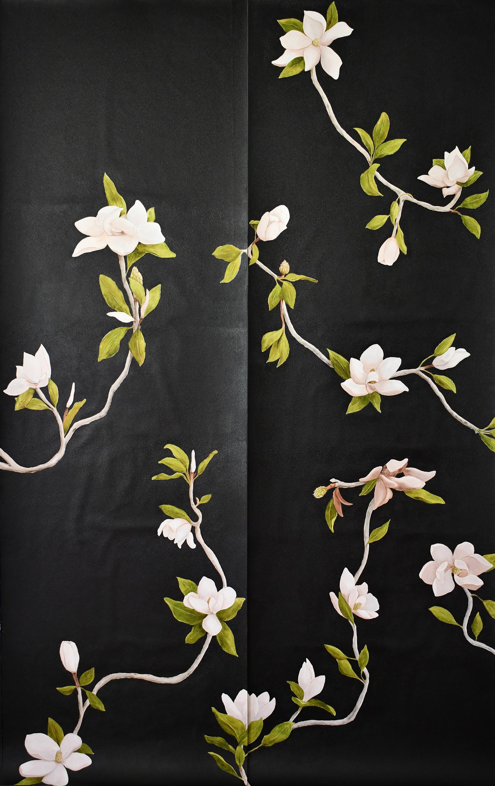 Black Magnolia hand painted wallpaper panels in traditional botanical style rather than a stylised chinoiserie. Black Magnolia hand painted wallpaper panels show two drops of 8 from the full botanical design.
Each wallpaper panel is a work of fine