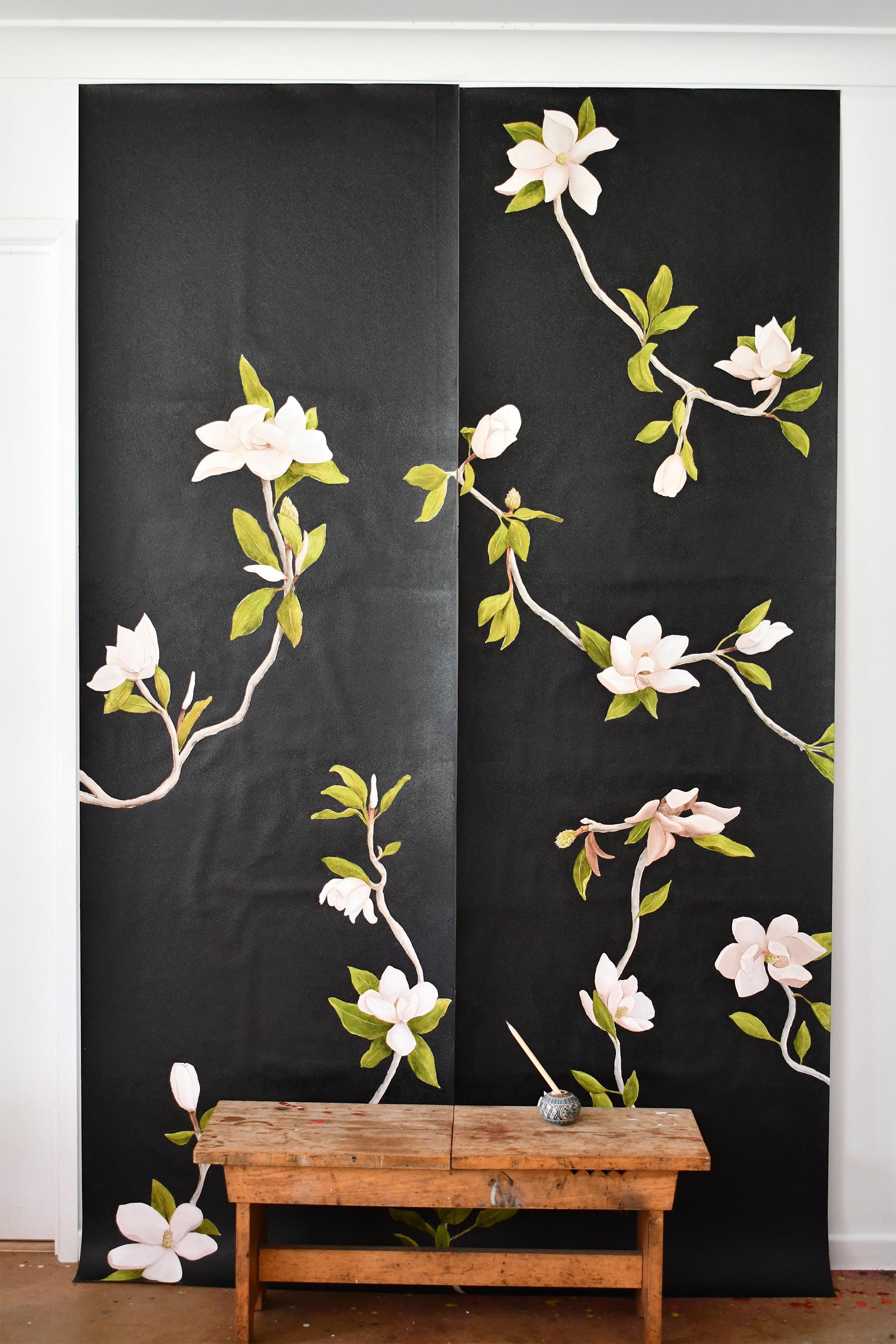 Chinoiserie Hand Painted Wallpaper Black Magnolia Botanical from Ocre Designs by Tarn McLean For Sale