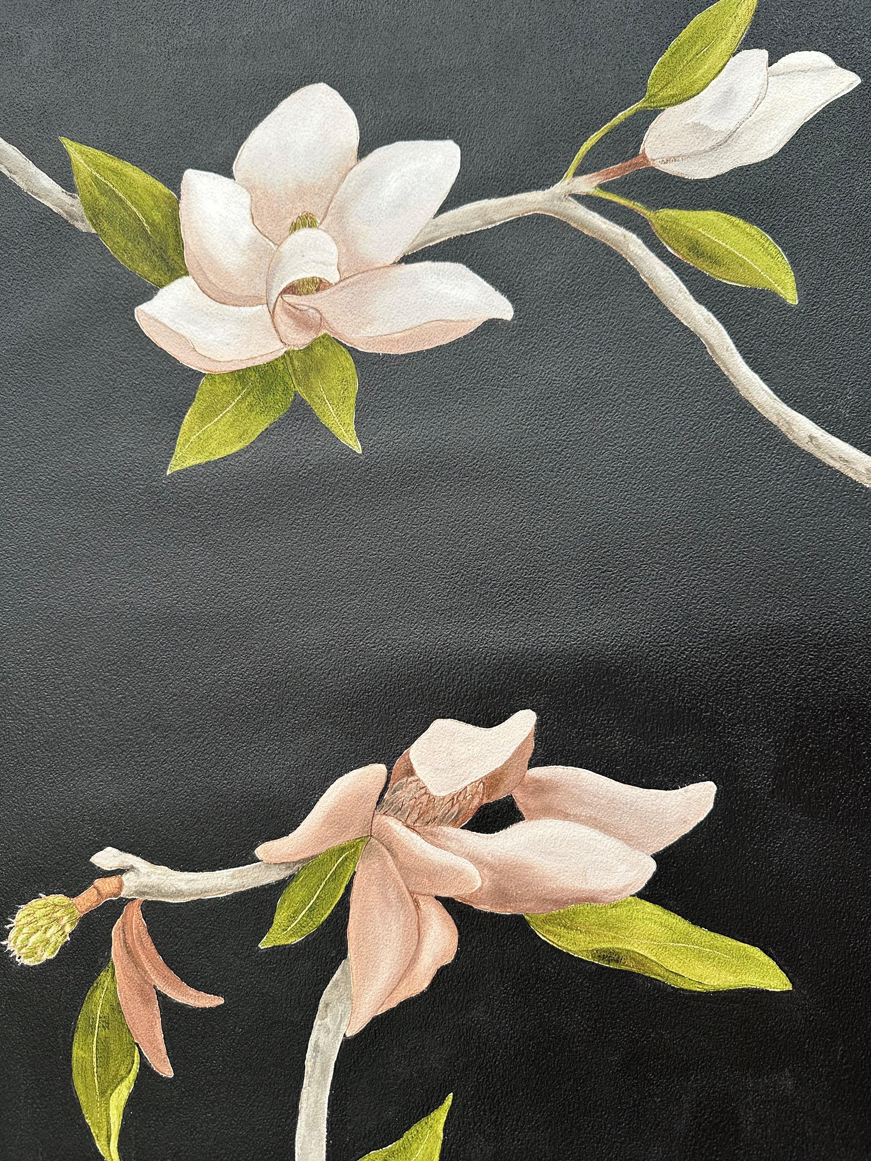 Hand-Painted Hand Painted Wallpaper Black Magnolia Botanical from Ocre Designs by Tarn McLean For Sale