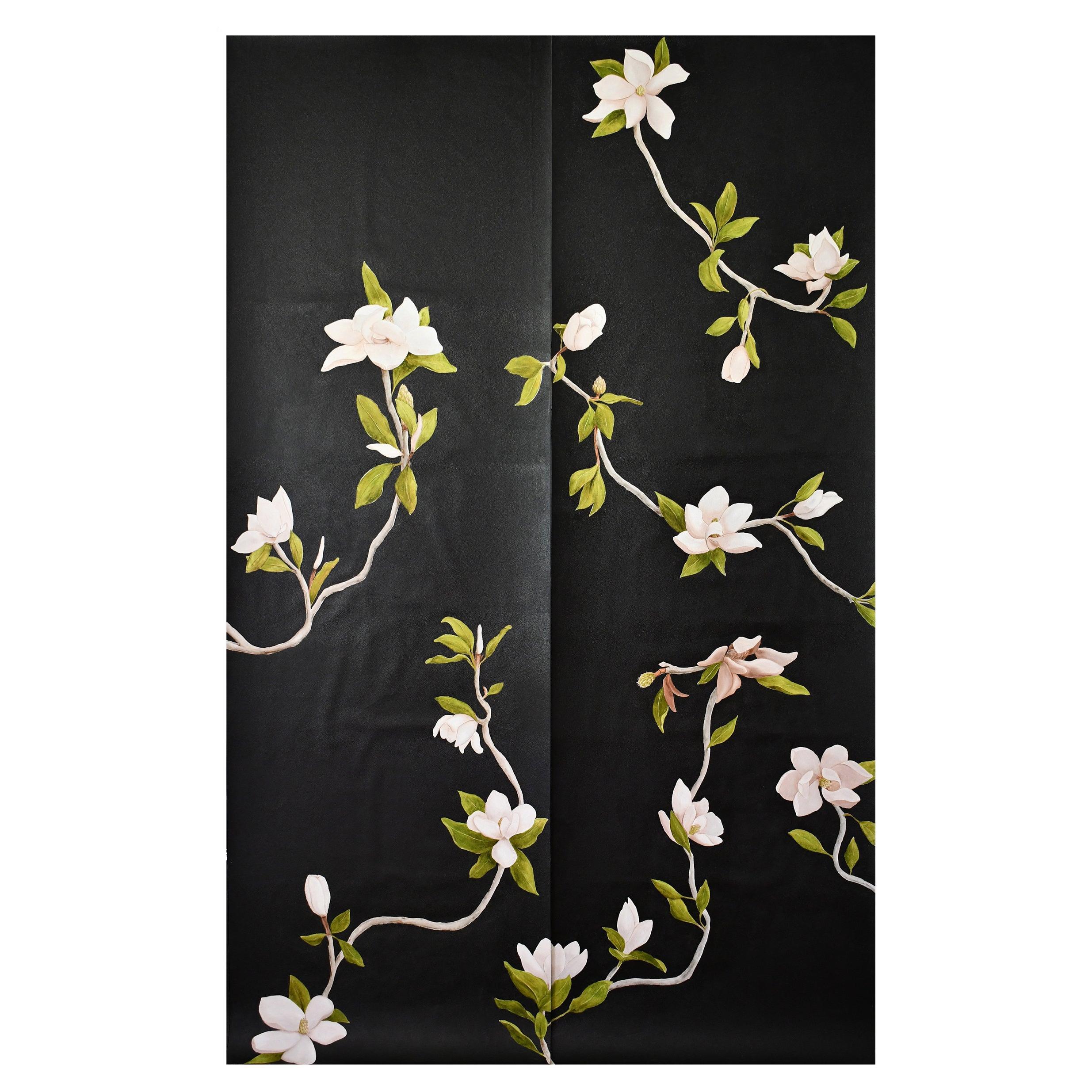 Hand Painted Wallpaper Black Magnolia Botanical from Ocre Designs by Tarn McLean For Sale