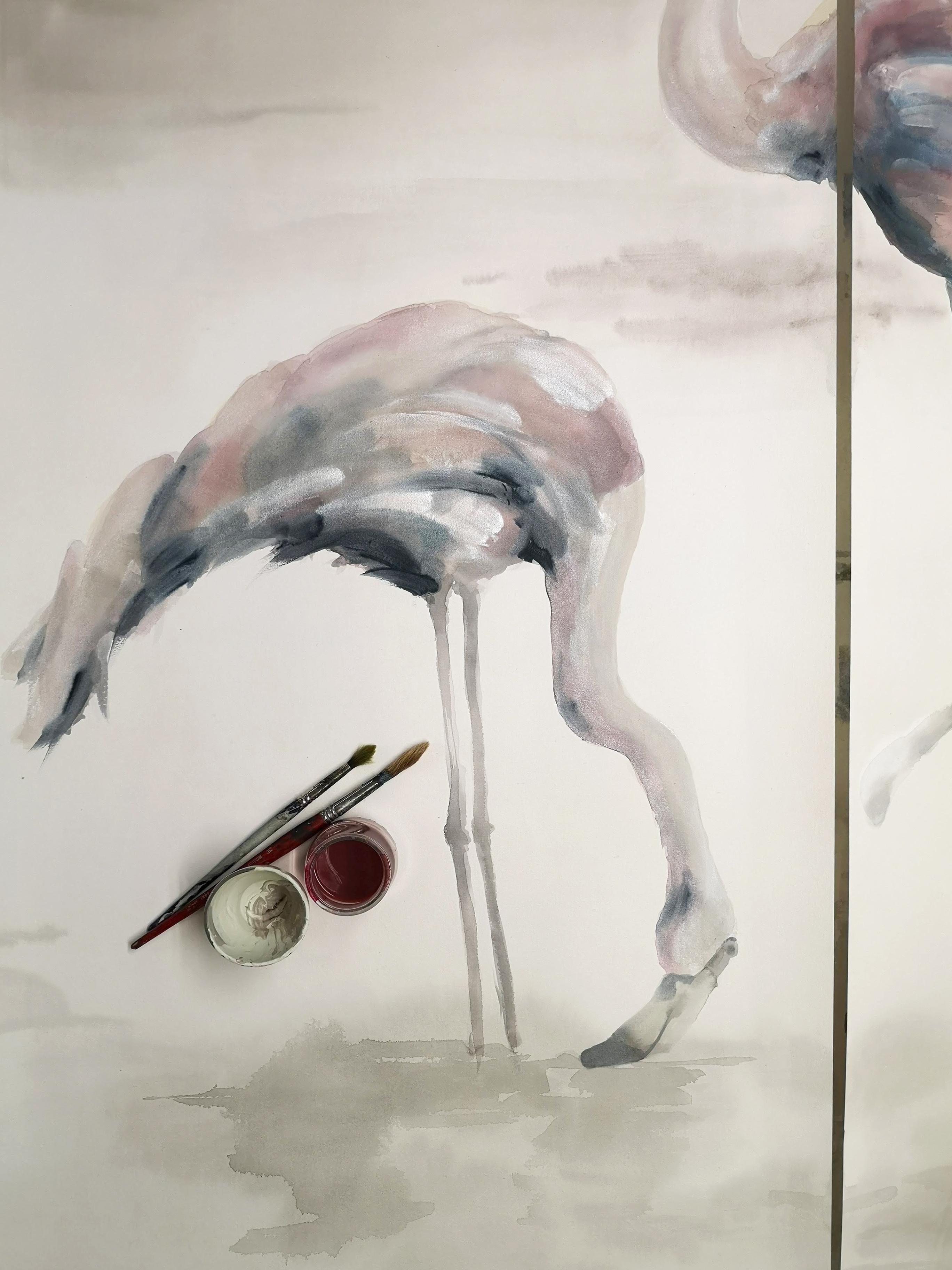 Art déco Flamingoes papier peints à la main en vente