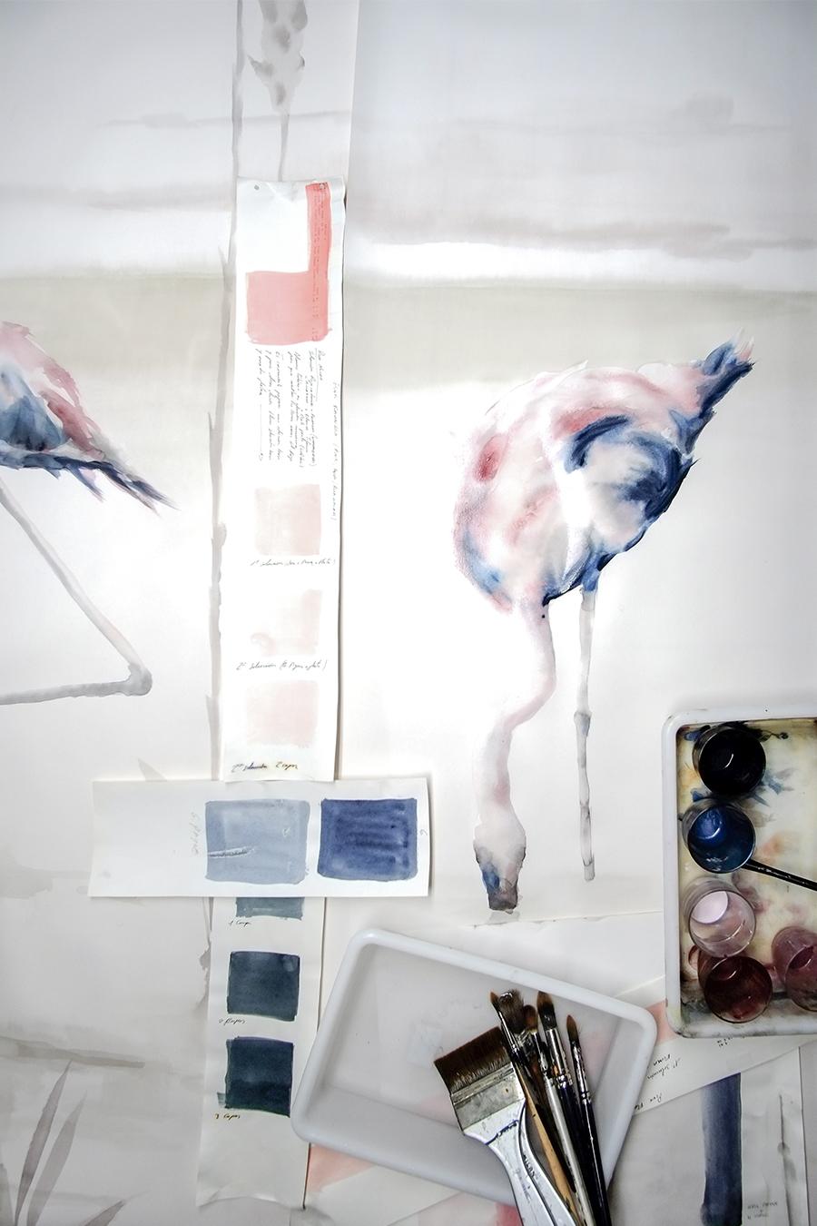 Fait main Flamingoes papier peints à la main en vente