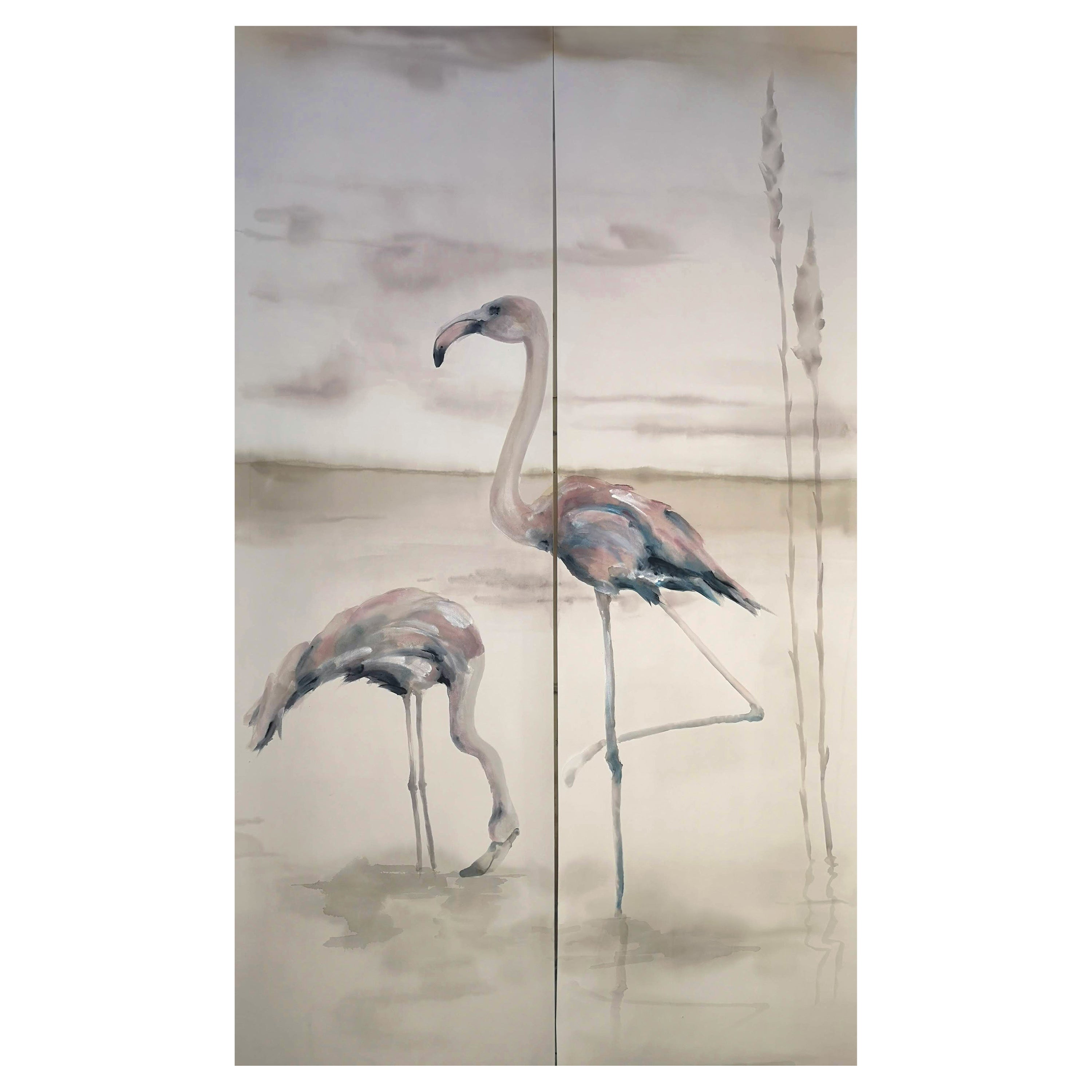 Handbemalte Flamingoes mit Tapeten im Angebot