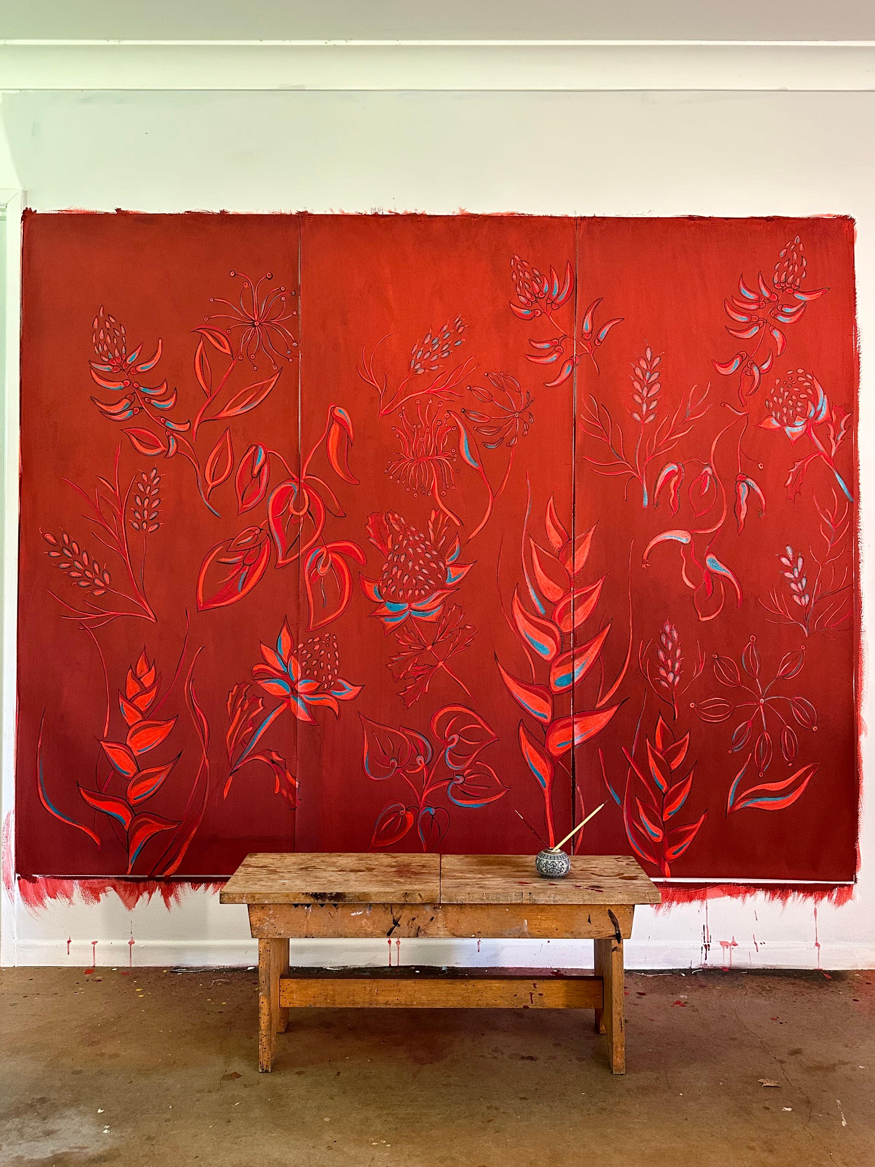 Hand-Painted Hand Painted Wallpaper Red Botanicals from Ocre Designs by Tarn McLean For Sale