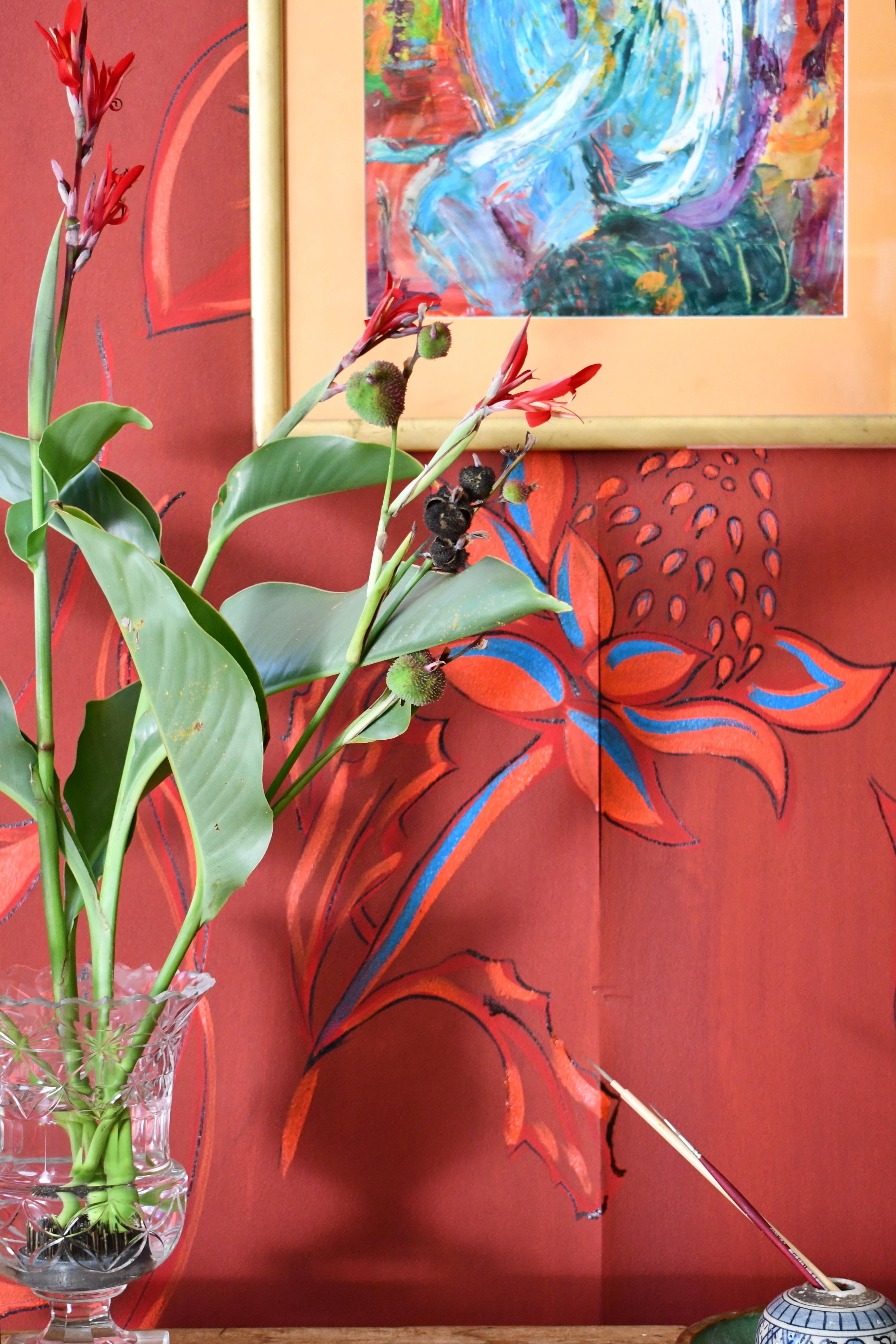 Chinoiserie Hand Painted Wallpaper Red Botanicals from Ocre Designs by Tarn McLean For Sale