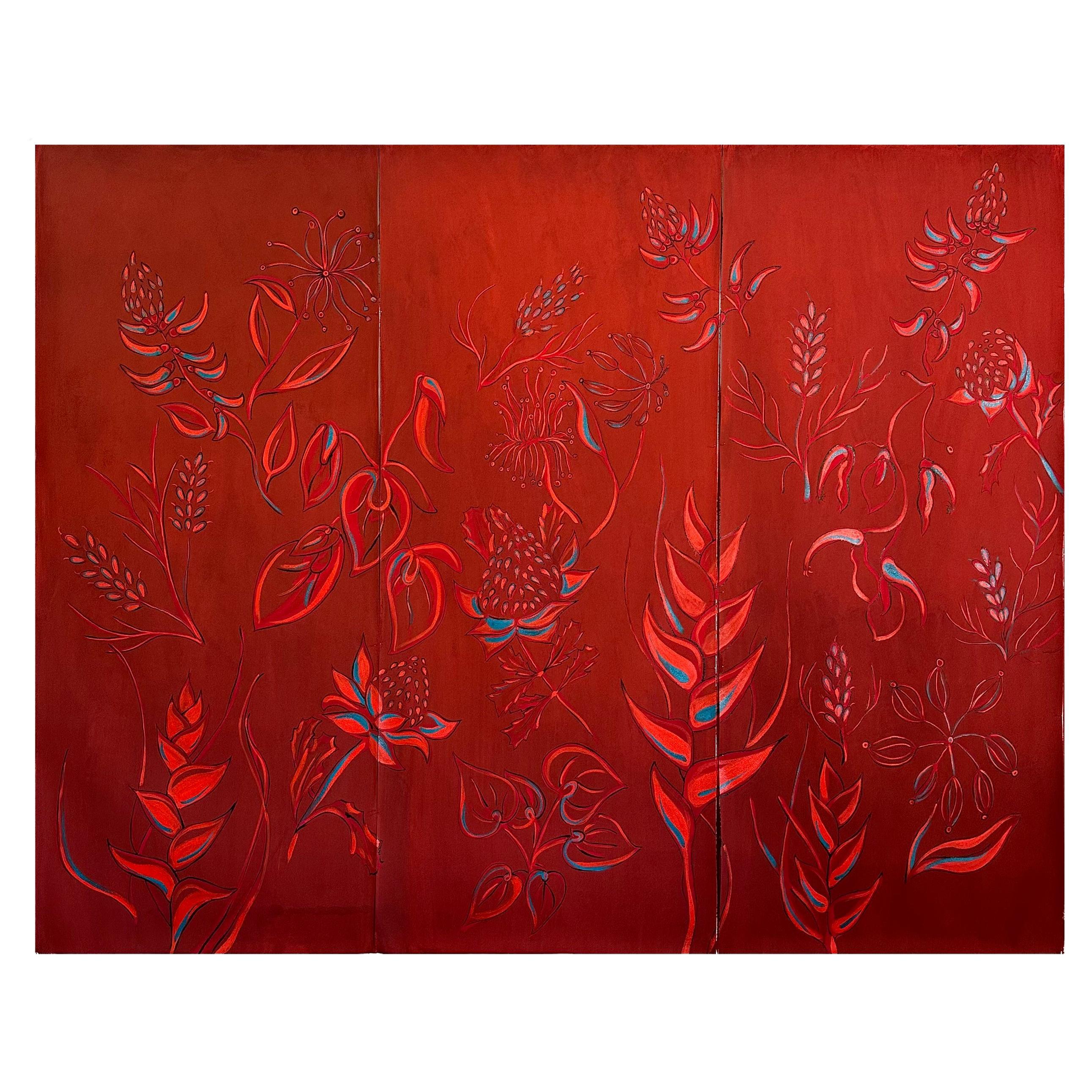 Hand Painted Wallpaper Red Botanicals from Ocre Designs by Tarn McLean For Sale