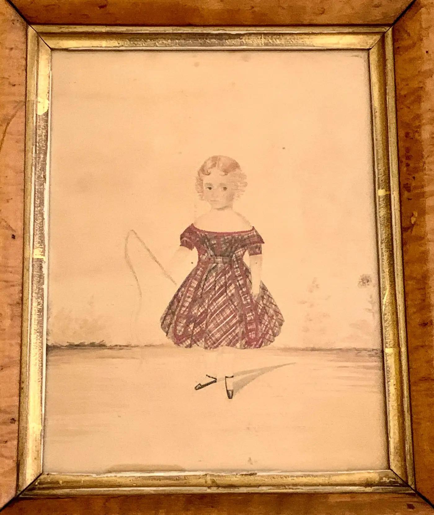 Victorian Hand Painted Watercolor Portrait of a Little Girl England Mid-19th Century For Sale