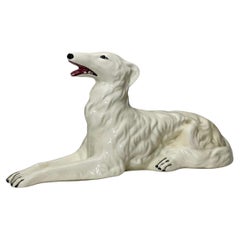 Handbemalte weiße russische Wolfhound-Hundefigur aus Keramik Borzoi, 1960