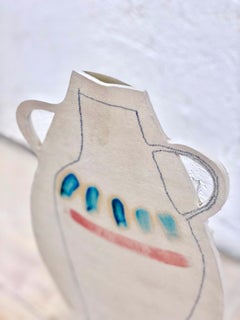 Hand Painted White Stoneware Flat Vase with Blue Stripes by Alison Owen