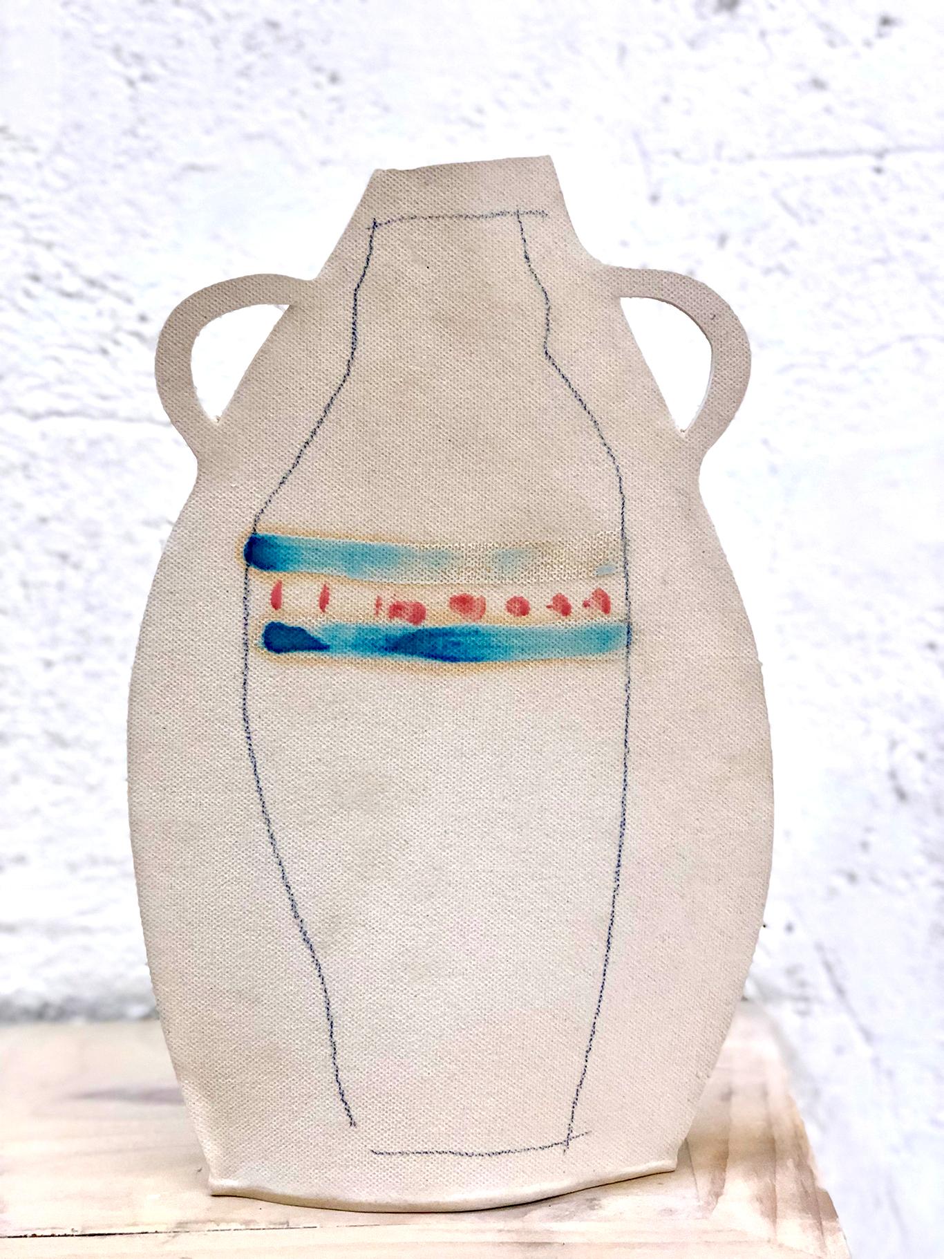 Modern Hand Painted White Stoneware Flat Vase with Blue Stripes by Alison Owen For Sale
