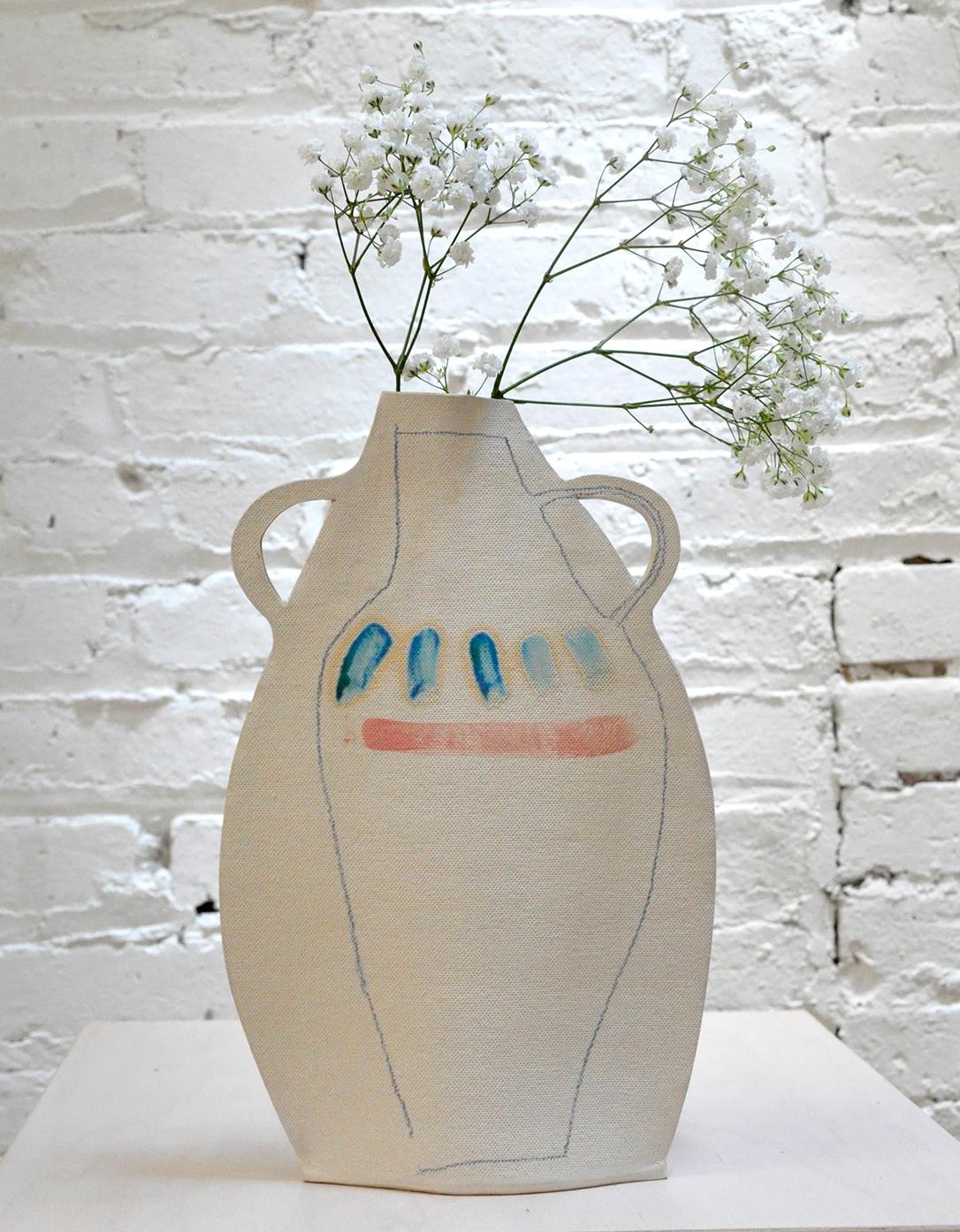 Hand Painted White Stoneware Flat Vase with Blue Stripes by Alison Owen In New Condition For Sale In Brooklyn, NY