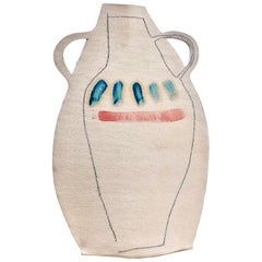 Hand Painted White Stoneware Flat Vase with Blue Stripes by Alison Owen