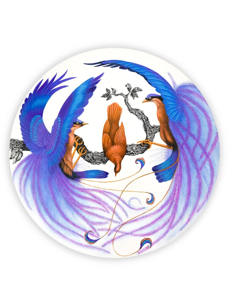 Hand Painted Wood Based Lazy Susan with Blue and White Bird