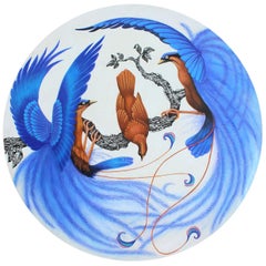 Hand Painted Wood Based Lazy Susan with Blue and White Bird Illustration