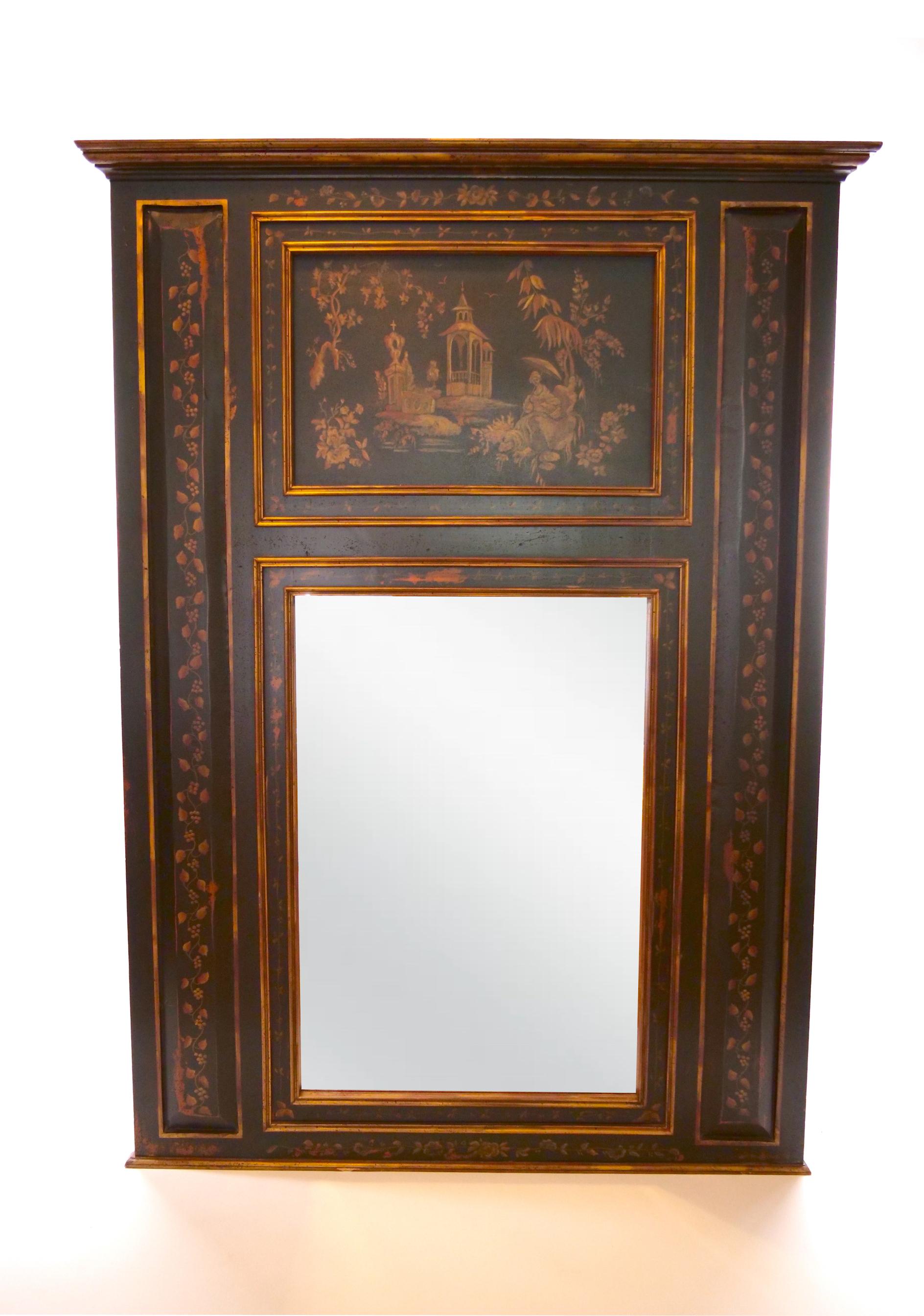 Hand Painted Wood Chinoiserie Panels Trumeau Mirror For Sale 4