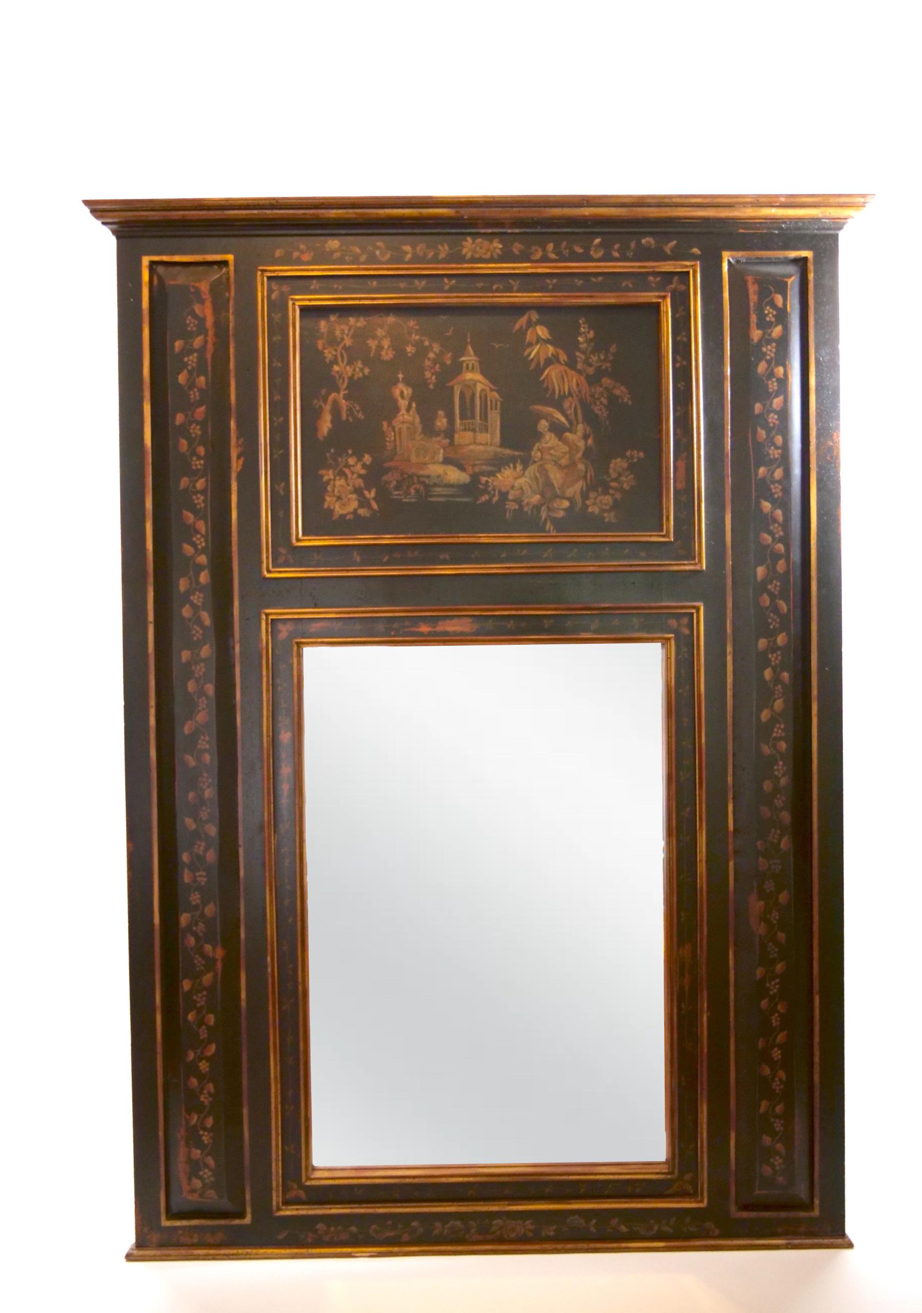 Gold Hand Painted Wood Chinoiserie Panels Trumeau Mirror For Sale