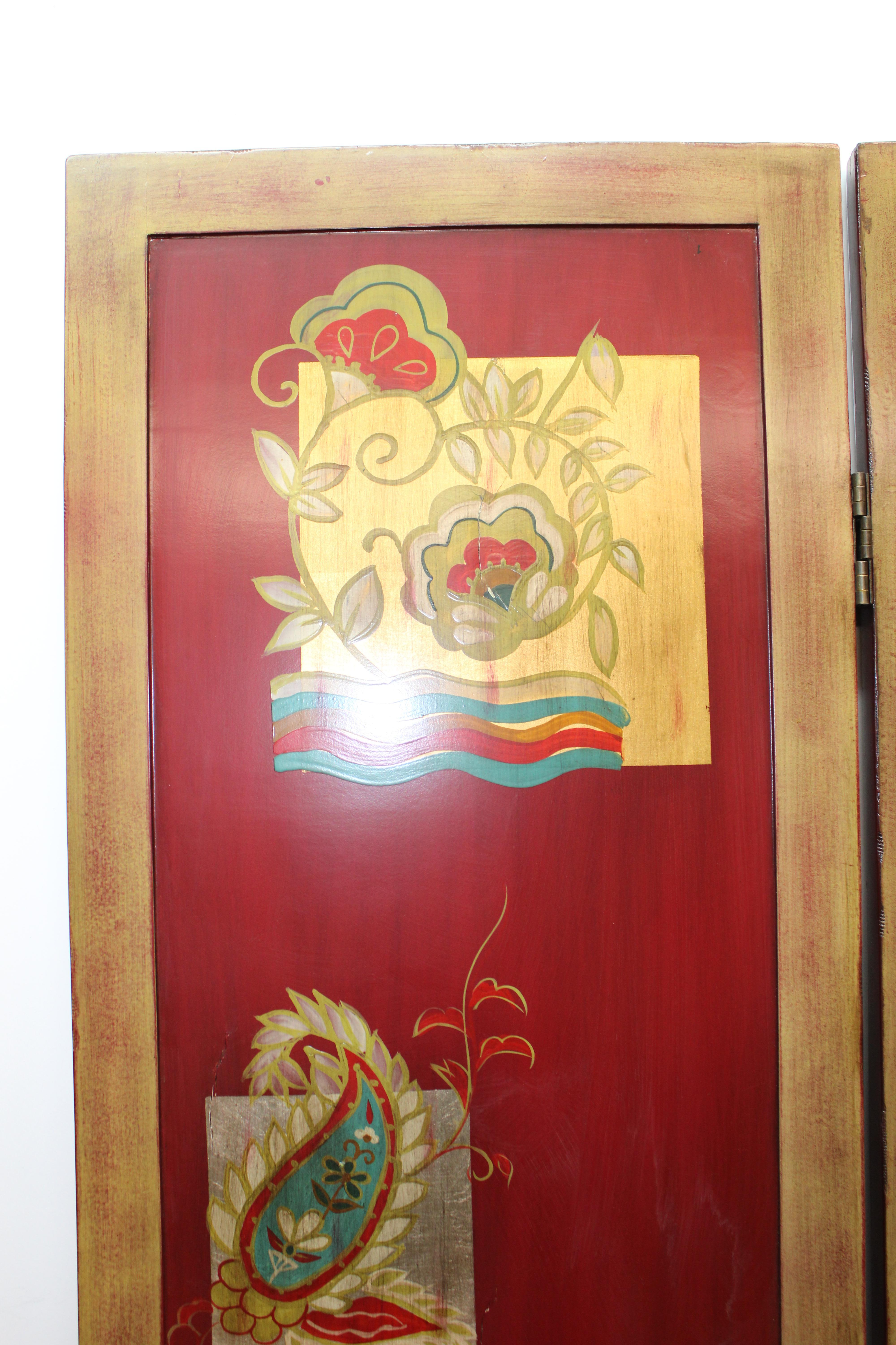20th Century Hand Painted Three Panel Wood Screen For Sale