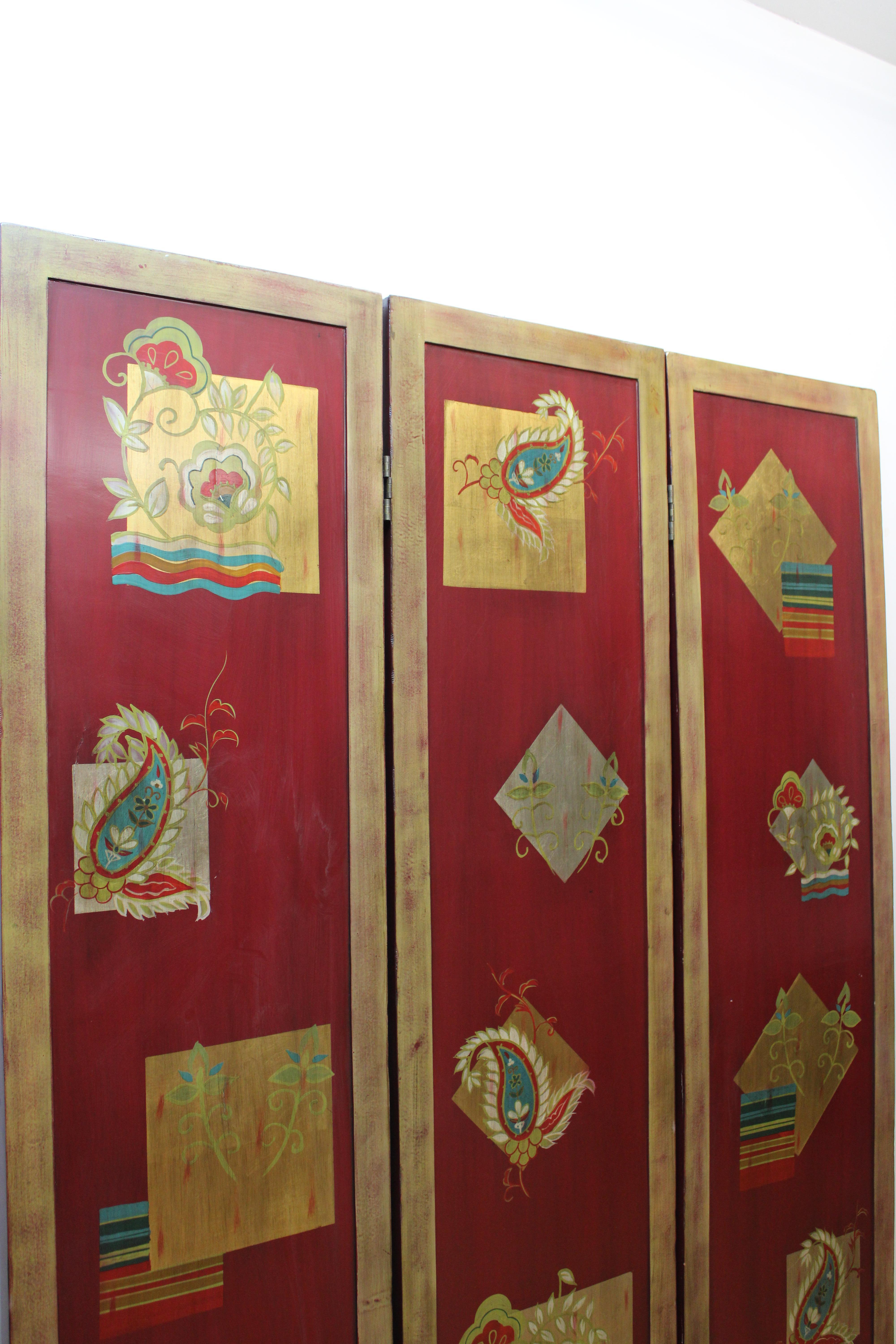 Lacquer Hand Painted Three Panel Wood Screen For Sale