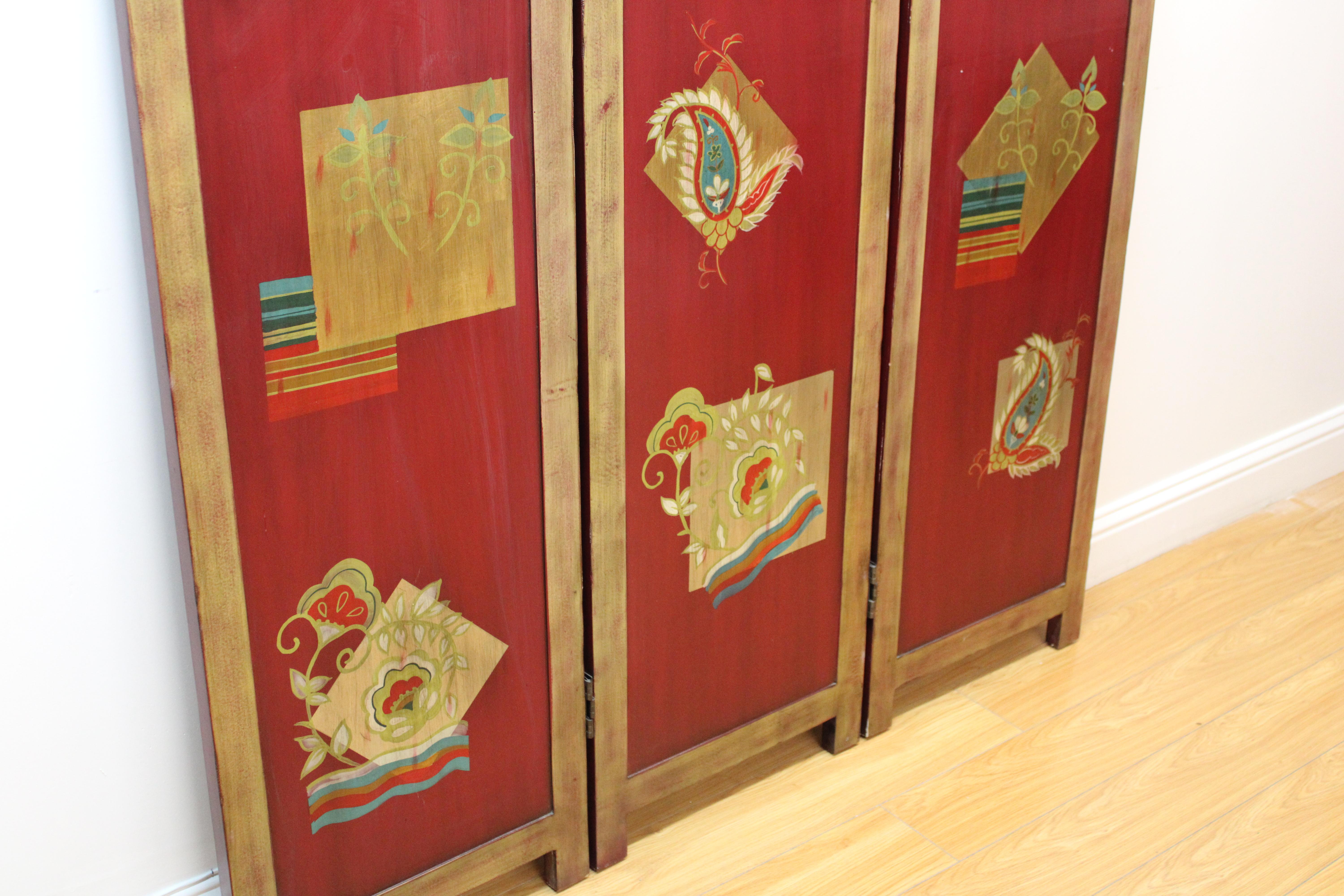 Hand Painted Three Panel Wood Screen For Sale 1