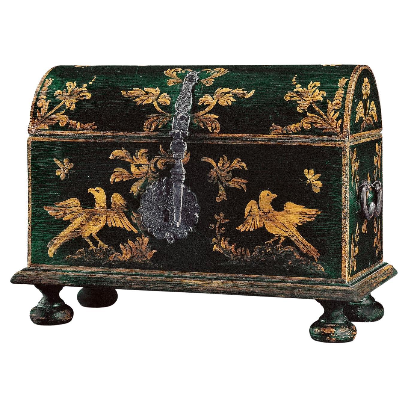 Hand-Painted Wood Small Coffer with Eagles and Iron Hardware For Sale