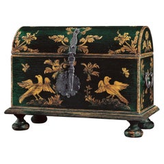 Hand-Painted Wood Small Coffer with Eagles and Iron Hardware