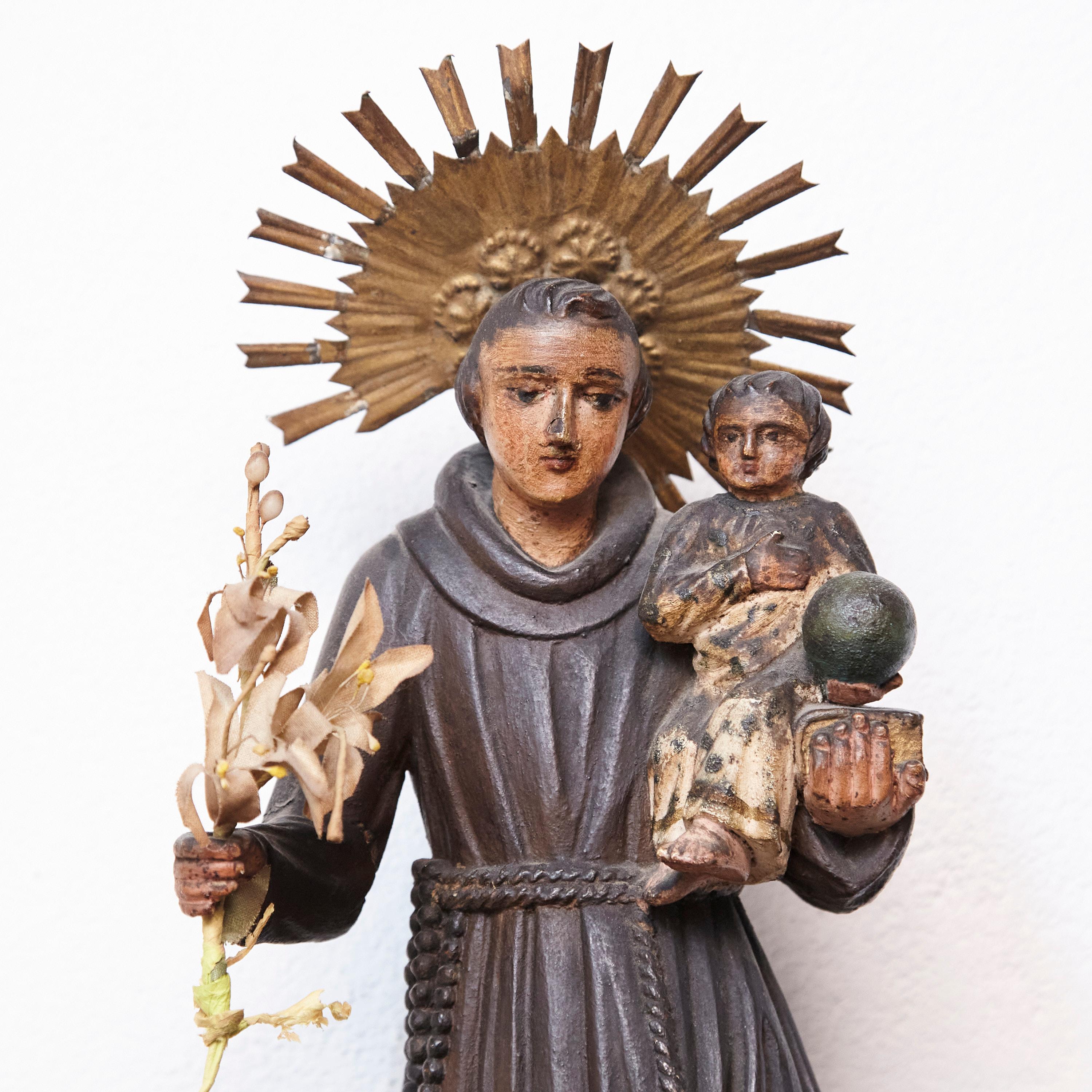 Modern Hand Painted Wood Traditional Figure of a Saint, circa 1950 For Sale