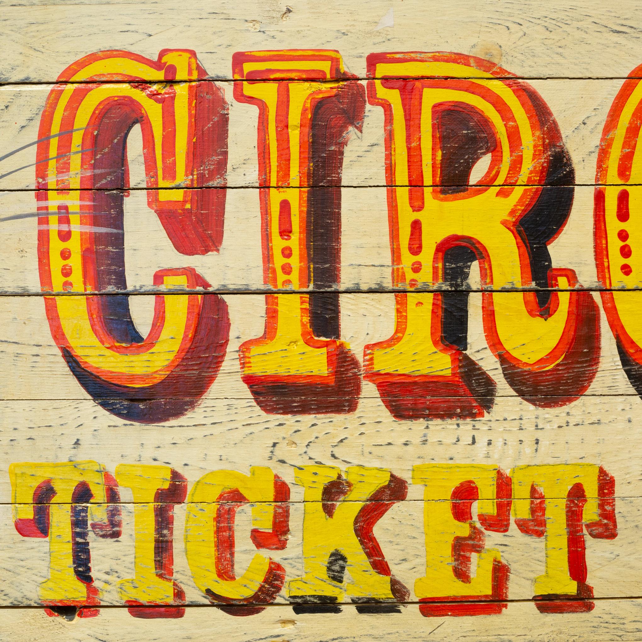 Hand Painted Wooden Circus Ticket Office Sign In Good Condition For Sale In San Francisco, CA