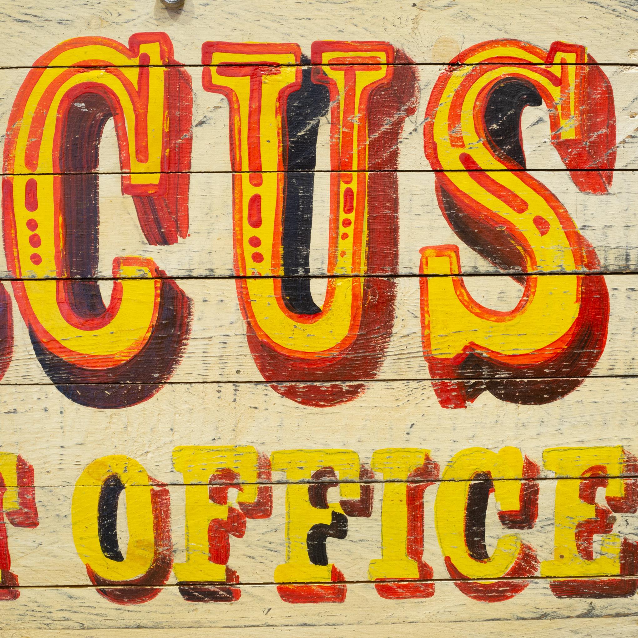 Contemporary Hand Painted Wooden Circus Ticket Office Sign For Sale
