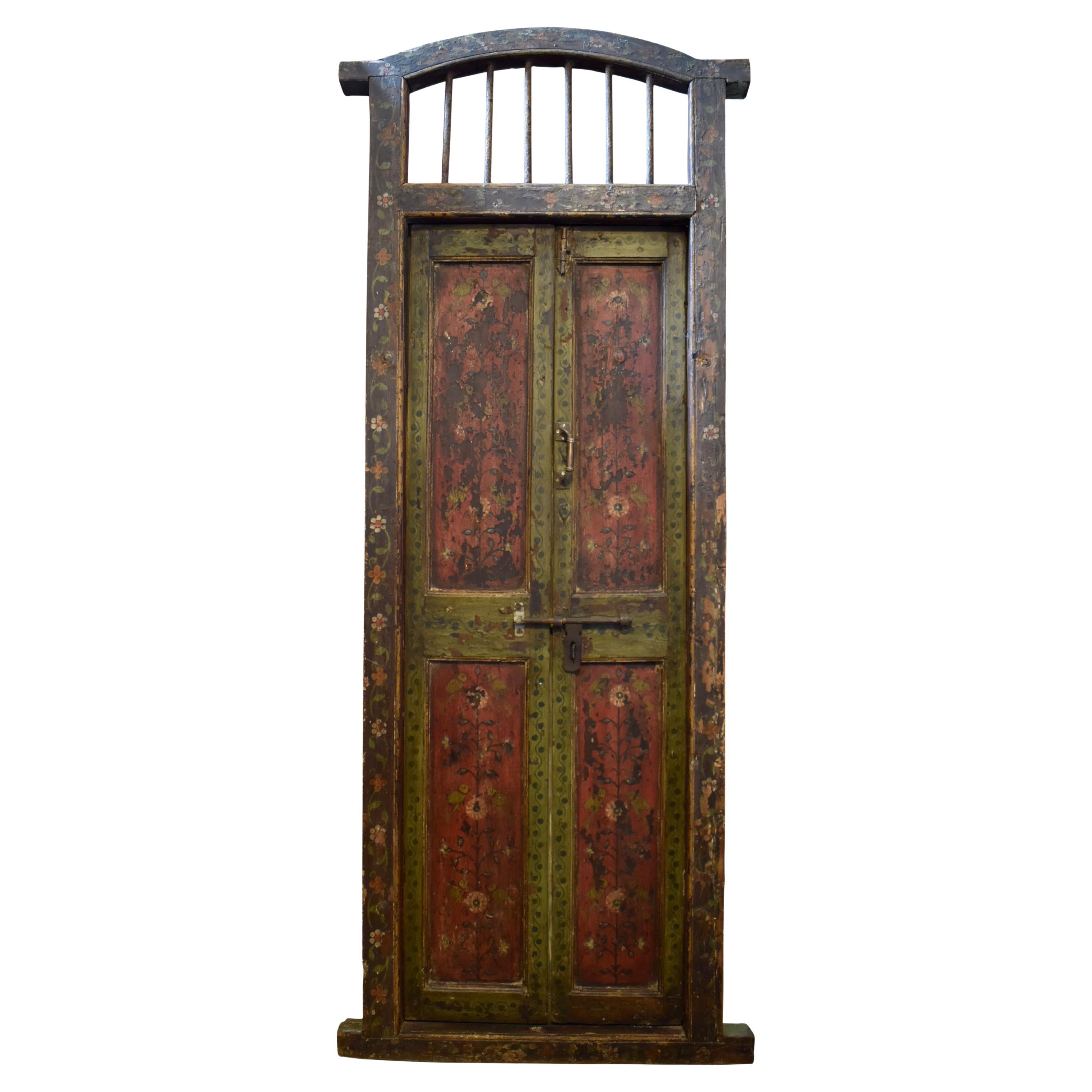 Hand-Painted Wooden Double Doors in Original Frame, circa 1930 For Sale